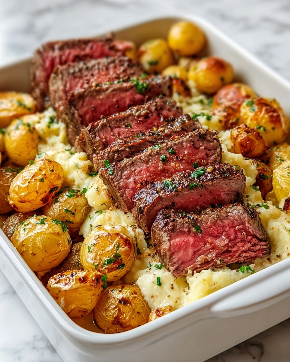 A white rectangular dish filled with a layer of golden roasted baby potatoes with crispy skins and a slight char, surrounding a middle layer of creamy mashed potatoes topped with small green herbs. On top, a row of thick slices of medium-rare steak displays a pink center with a peppered, seared brown crust. The dish is set on a white marbled surface. photo taken with an iphone --ar 4:5 --v 7