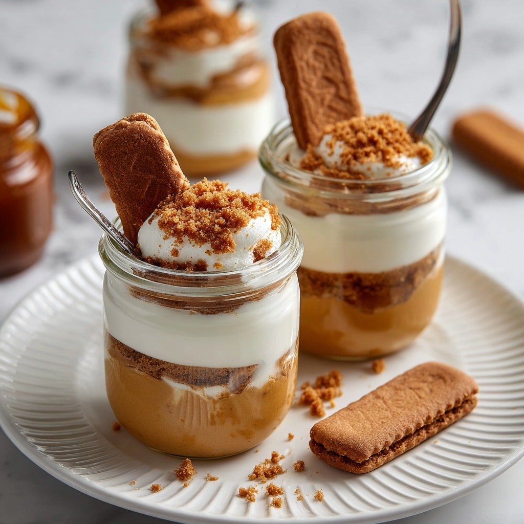 A small glass jar dessert with three visible layers sits on a white plate with ridged edges. The bottom layer is a smooth, caramel brown spread, topped by a thick, creamy white layer, and then another slightly thicker caramel brown layer. On top, there is a sprinkle of crumbled brown cookies and a whole rectangular brown cookie standing upright. Another rectangular cookie lies flat on the white plate beside the jar, with a few cookie crumbs scattered around. In the background, two more identical glass jars with the same dessert and toppings are placed on a white marbled surface, along with a jar of Biscoff spread. A silver spoon rests inside the front jar. Photo taken with an iphone --ar 4:5 --v 7