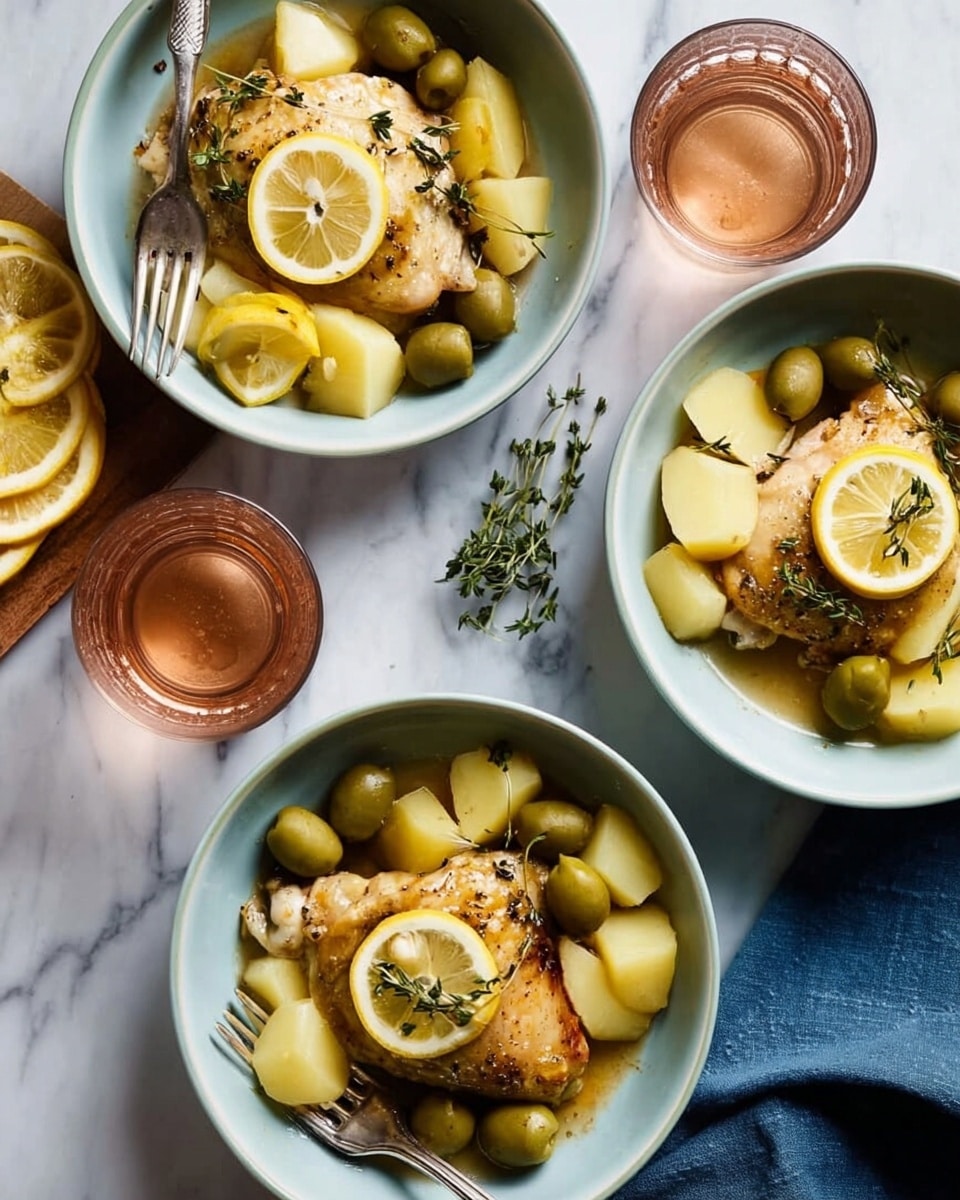 Three white bowls are filled with a dish consisting of a golden-brown cooked chicken thigh topped with a lemon slice and a sprig of fresh thyme. Each bowl also contains chunks of light yellow potatoes and several green olives placed beside the chicken, with a silver fork resting on the edge of two bowls. The bowls are arranged on a white marbled surface alongside two glasses filled with a light brown drink and a wooden board with sliced lemon wedges. The overall scene has a fresh, simple, and clean look. photo taken with an iphone --ar 4:5 --v 7