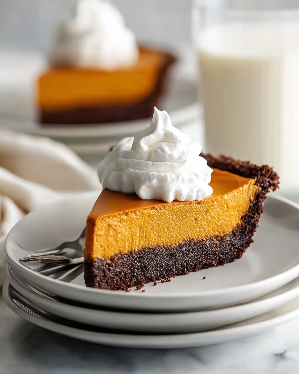 A close-up image of a slice of pie resting on a stack of two white plates with a silver fork placed beside it. The pie has two layers: the bottom layer is a dark, crumbly crust, and the top layer is a smooth, rich orange filling. On top sits a generous swirl of white whipped cream, adding height and texture. In the blurry background, there is another similar slice of pie on a white plate and a clear glass filled with milk. The whole scene is set on a white marbled surface. photo taken with an iphone --ar 4:5 --v 7