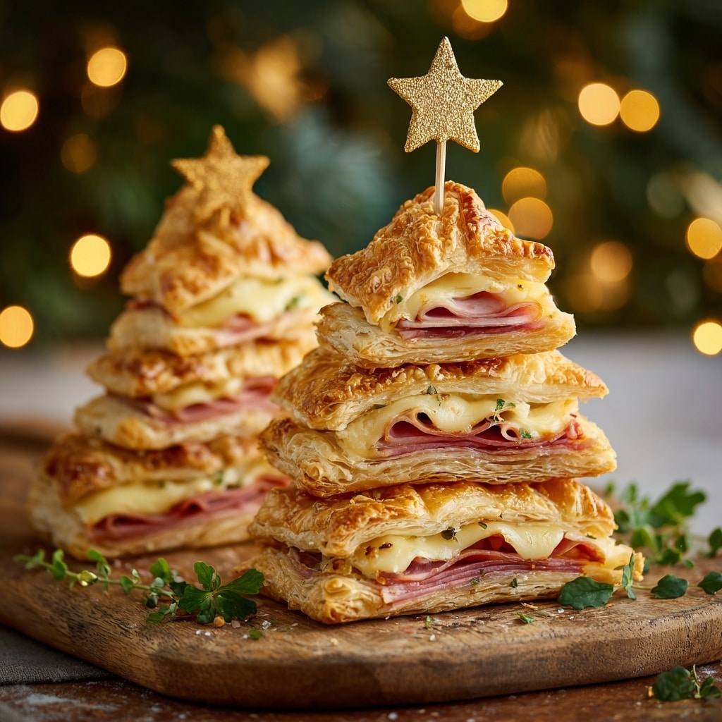 The image shows four small sandwiches shaped like Christmas trees, stacked with three layers of golden brown, flaky puff pastry, each layer having slightly different triangular sizes from larger at the bottom to smaller at the top. Between the pastry layers are slices of melted pale yellow cheese and reddish-pink ham, some visible strips of red pepper near the base. The sandwiches are topped with a golden star-shaped decoration on a wooden skewer. They sit on a rustic wooden board with small green herb leaves scattered around, and the background is softly blurred with warm yellow lights. photo taken with an iphone --ar 4:5 --v 7