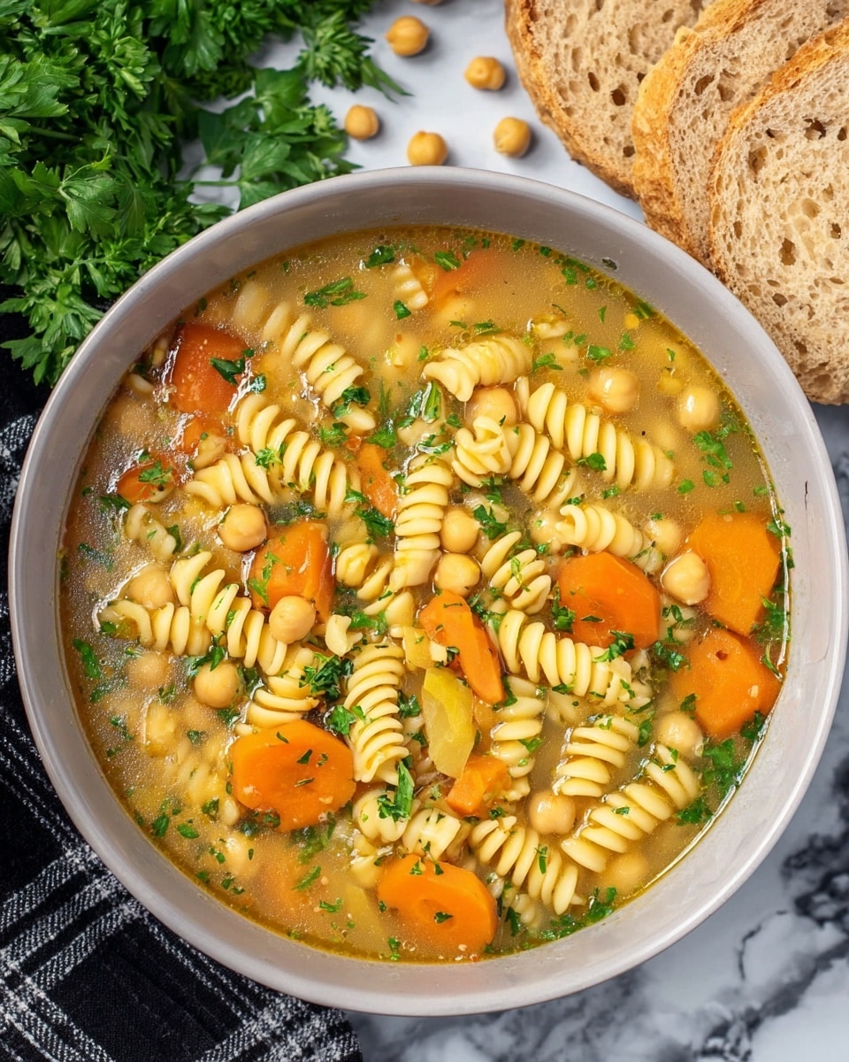 A white pot filled with a thick, orange-colored soup that has a creamy texture. Inside the soup are spiral-shaped pasta pieces, sliced round orange carrots, small green peas, and chunks of onion. The soup is topped with fresh green parsley sprinkled unevenly. A metal spoon is resting inside the pot, partially submerged in the soup. The pot is set on a white marbled surface with a few small green parsley leaves scattered around. Photo taken with an iphone --ar 4:5 --v 7
