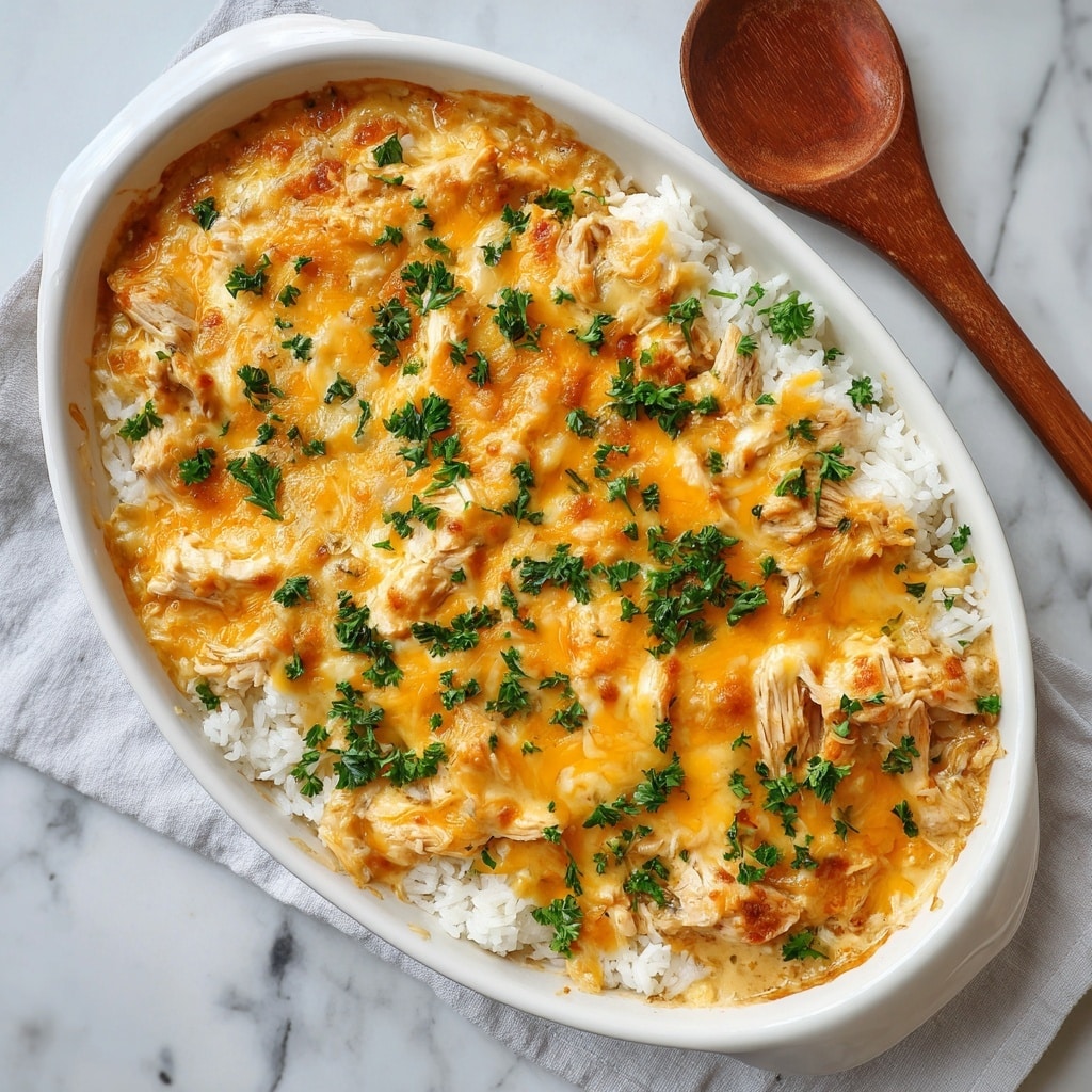 A square piece of creamy baked casserole on a white plate with a thin brown rim, placed on a white marbled surface. The casserole has three visible layers: a bottom layer of white rice mixed with creamy sauce, a middle layer of tender white chicken, and a top layer of melted golden-yellow cheese lightly browned and bubbly, garnished with small green parsley leaves scattered on top and around the plate. The texture looks soft and rich, showing the layers clearly from the side. photo taken with an iphone --ar 4:5 --v 7