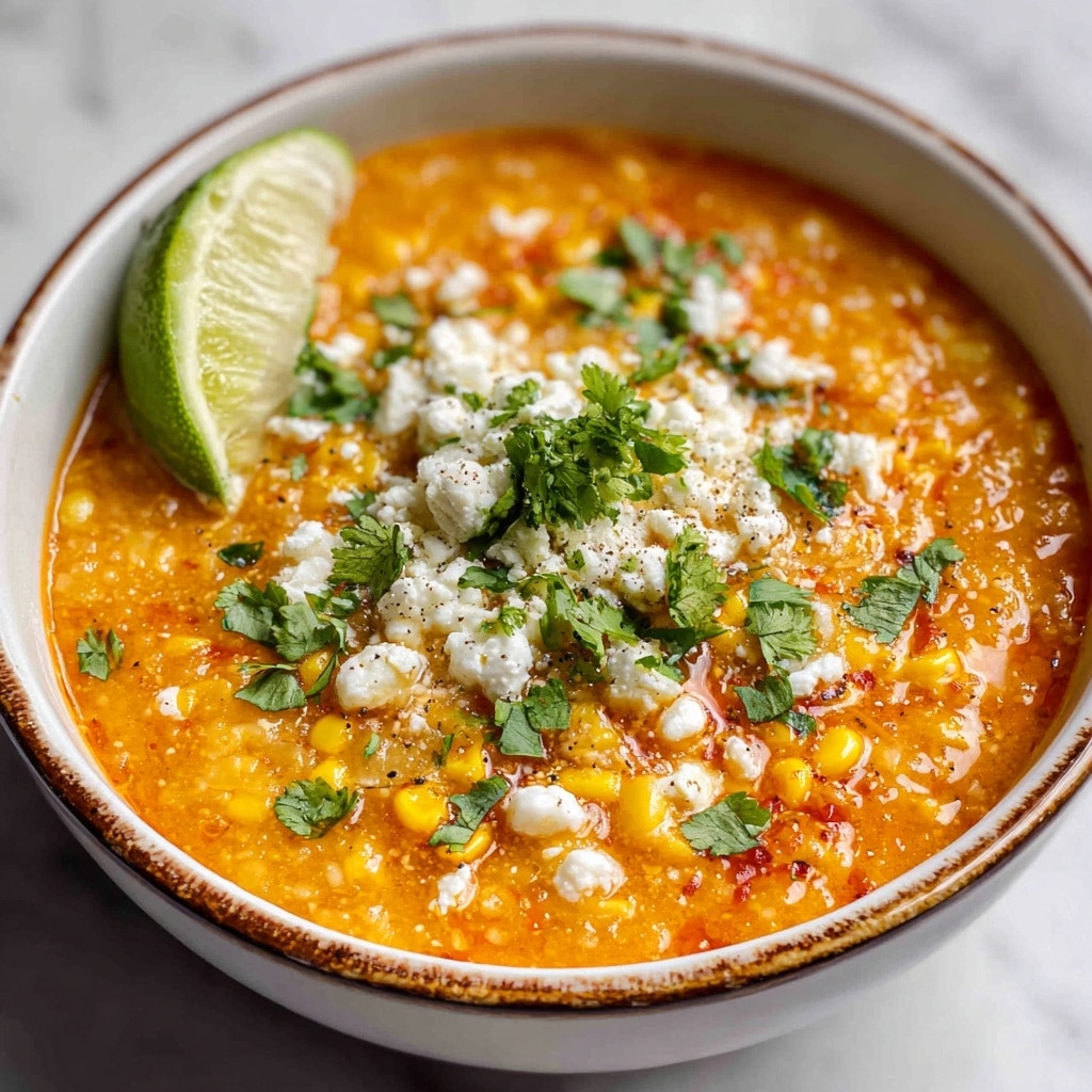 The image shows a white bowl filled with a warm, thick soup made of golden yellow corn kernels mixed in a rich orange broth with visible small green herbs and spices. The soup is topped with a dollop of white sour cream and sprinkled with crumbled white cheese and fresh green cilantro leaves. Two bright green lime wedges rest on the side of the bowl, adding a fresh contrast to the warm colors of the soup. The bowl is placed on a white marbled surface. Photo taken with an iphone --ar 4:5 --v 7