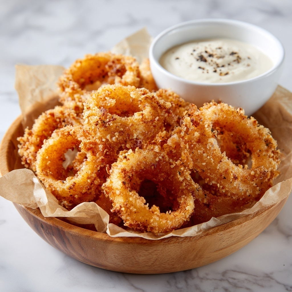 A close-up image showing a white plate filled with golden-brown crispy fried onion rings surrounding a small wooden bowl of creamy white dipping sauce with black pepper sprinkled on top. A woman's hand is picking up an onion ring, dipping it into the sauce, which has a smooth texture with visible pepper bits. The plate is set against a white marbled surface, with part of a yellow chili pepper resting nearby. The colors are warm and inviting, with the crispy texture of the onion rings contrasting with the smooth sauce. photo taken with an iphone --ar 4:5 --v 7