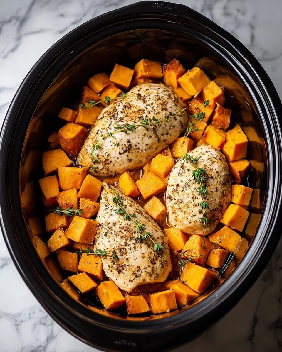 A white plate holds a serving of roasted vegetables topped with a piece of golden-brown chicken thigh with crispy skin. The bottom layer consists of chunky roasted sweet potatoes in bright orange, caramelized Brussels sprouts with browned edges, and pieces of roasted onions in light brown, all mixed together and garnished with small green herb bits. The chicken sits in the center, showing a shiny, crispy, dark golden skin with areas of deeper browning. The plate is placed on a white marbled surface, adding a clean and fresh look to the composition. Photo taken with an iphone --ar 4:5 --v 7