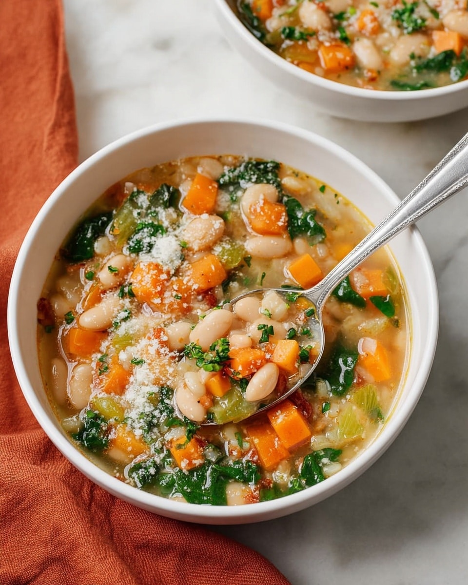 A white bowl filled with a warm vegetable and bean soup, showing layers of diced bright orange carrots, light green celery pieces, creamy white beans, and dark green spinach leaves all mixed in a clear broth. A spoon rests inside the bowl, lifting some soup with a mix of all ingredients. The top is sprinkled with small bits of chopped fresh parsley and a light dusting of grated cheese. The bowl is on a white marbled surface next to a burnt orange cloth napkin. Another bowl with the same soup is partially visible at the top. photo taken with an iphone --ar 4:5 --v 7