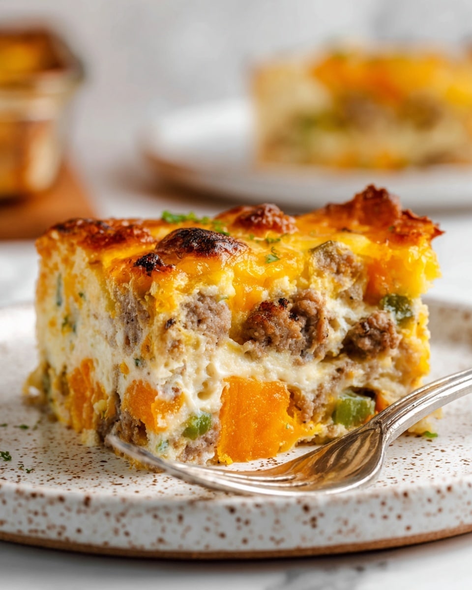 A rectangular metal baking dish filled with a baked casserole showing about three layers: the top layer is a golden brown crust with spots of darker browning, scattered with chunks of orange sweet potato, browned ground meat, and green pepper slices amidst melted cheese and herbs. The middle layer looks creamy and soft with a rich mix of beaten eggs and other fillings. The dish rests on a wooden surface with a blurred kitchen background featuring white cabinets and some objects in soft focus. photo taken with an iphone --ar 4:5 --v 7