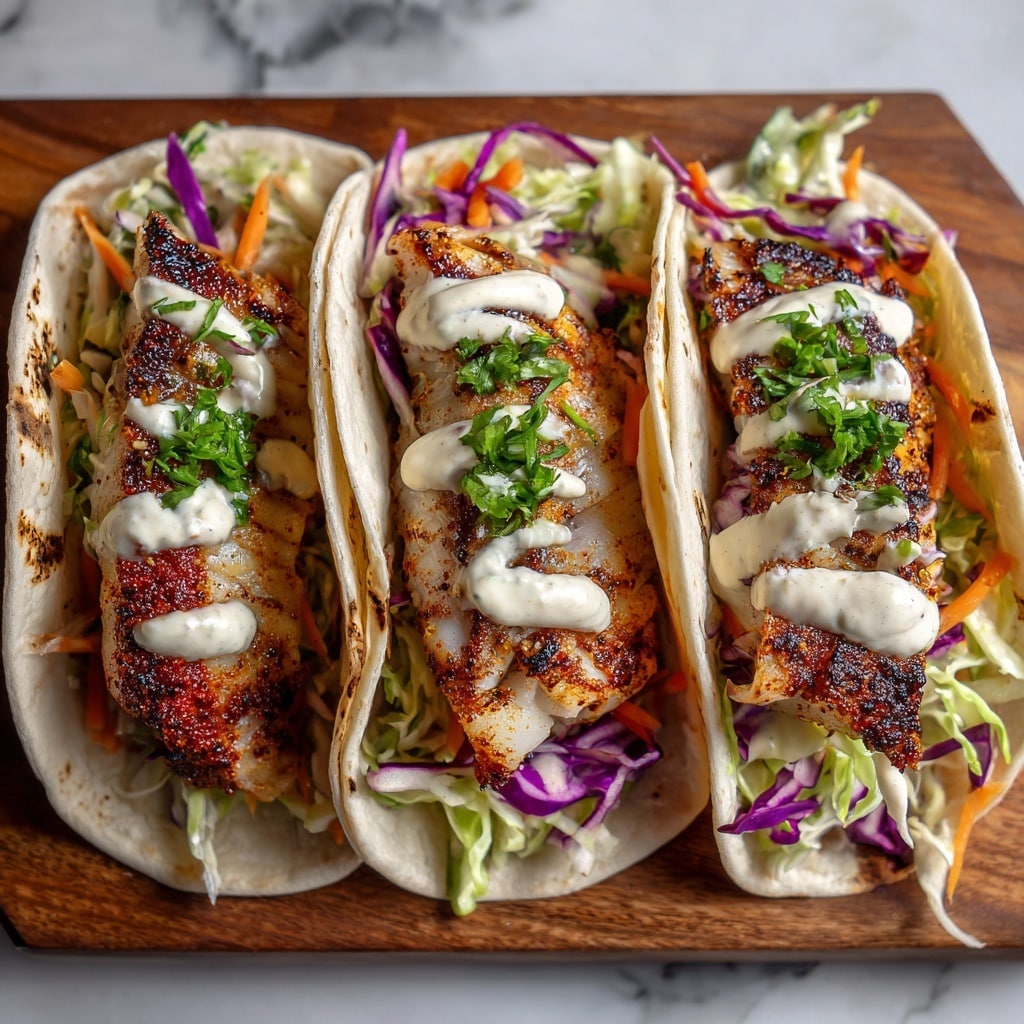 Three tortillas are placed side by side on a wooden board, each holding a piece of grilled fish with a spicy, reddish-brown crust. Under the fish, there is a layer of light green shredded cabbage mixed with thin slices of purple onion and small orange strips, adding freshness. On top of the fish, a creamy white sauce with small green herbs is drizzled, giving a slightly chunky texture. The background is a white marbled surface. photo taken with an iphone --ar 4:5 --v 7