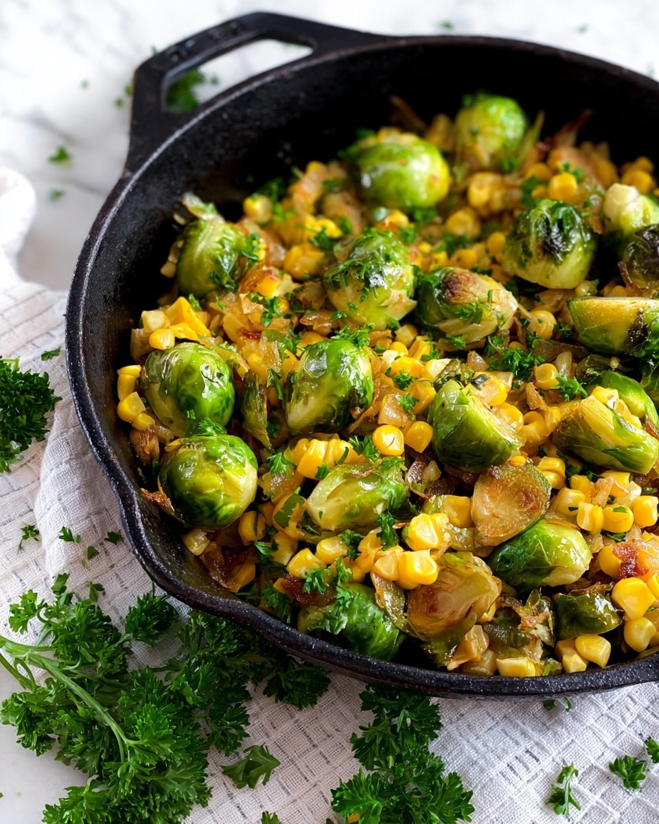 A close-up view of a black cast-iron skillet filled with sautéed Brussels sprouts and corn; the dish has two main layers with a bright yellow layer of corn mixed with translucent sautéed onions beneath and whole halved Brussels sprouts on top, their green outer leaves slightly browned and glossy from the cooking oil; small bits of fresh green parsley are sprinkled over the ingredients for a fresh finish; the skillet rests on a white cloth with a subtle grid pattern and a few sprigs of curly parsley lay beside it on a white marbled surface; photo taken with an iphone --ar 4:5 --v 7