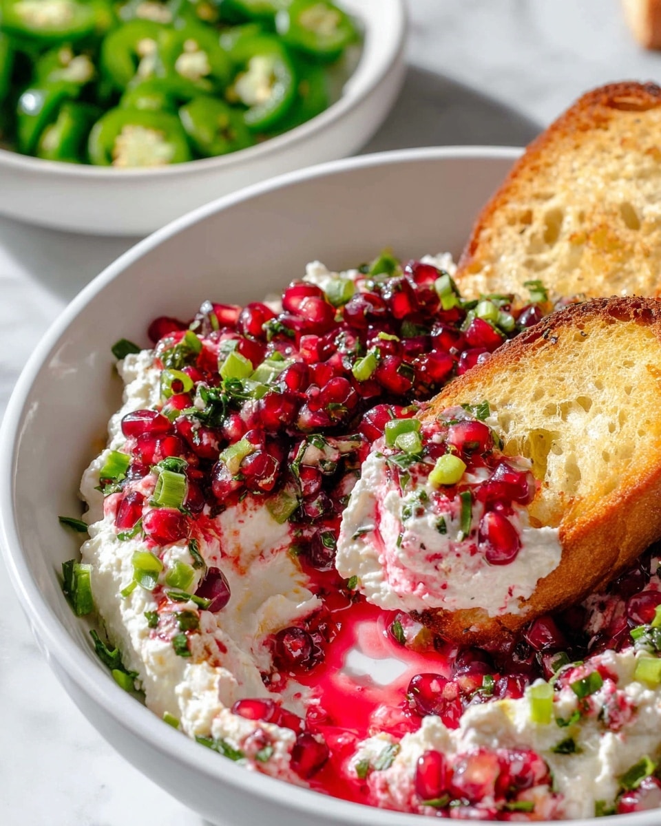 A white bowl holds a creamy white cheese spread as the bottom layer, topped with a bright red pomegranate seed and chopped green herb mix with bits of sliced green peppers and onions scattered throughout. A piece of toasted golden brown bread is dipped into the mixture on the right side. The red juice from the pomegranate seeps into the cream, creating a pink tint around the edges. In the background, there is a white bowl filled with chopped green jalapeños on a white marbled surface. photo taken with an iphone --ar 4:5 --v 7