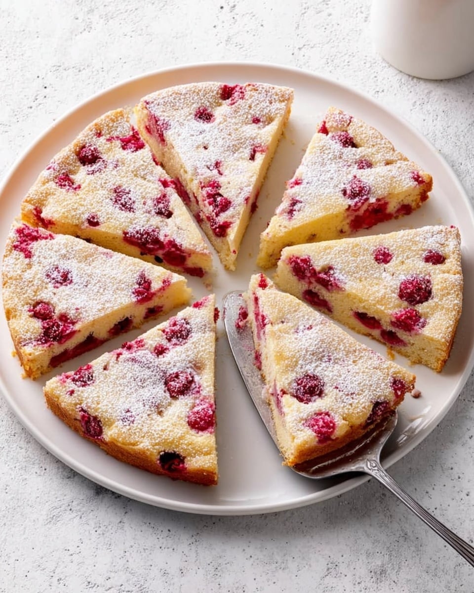 A round cake cut into six triangular slices is placed on a white plate. The cake has a pale yellow base with red berries spread throughout, creating a spotted texture. The top is dusted lightly with powdered sugar, giving it a soft, snowy look. One slice is lifted with a silver cake server, showing the moist inside with berries clearly visible. The plate rests on a white marbled textured surface, adding brightness to the scene. photo taken with an iphone --ar 4:5 --v 7