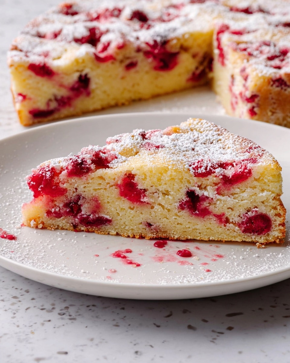 A slice of a thin, light golden cake sits on a white plate, with the cake showing a soft and moist texture. The cake is filled with bright red berries evenly spread throughout, creating a strong contrast with the pale yellow cake. The top is dusted lightly with powdered sugar creating a delicate white layer. The plate holds the remaining cake, with some berry juices slightly soaking into the plate, adding small spots of color. The background is a white marbled texture, enhancing the clean, fresh look of the scene. photo taken with an iphone --ar 4:5 --v 7