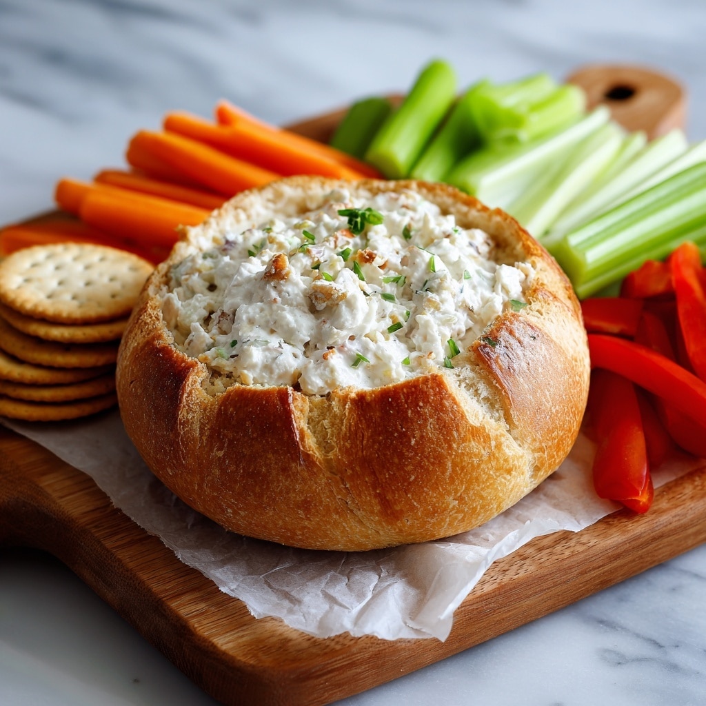 The image shows a wooden board on a white marbled surface, featuring a round dish of creamy dip topped with small bits of bacon or dried meat. Surrounding the dip are bright red sliced bell peppers arranged on the right, long green celery sticks next to them, and several crunchy orange-yellow carrot sticks placed beside the celery. Above the dip, there are small square crackers piled neatly. Some round light-colored crackers are placed partly on and off the board. A woman's hand is seen near the top left side of the board, holding a wooden spoon close to the crackers. Photo taken with an iphone --ar 4:5 --v 7
