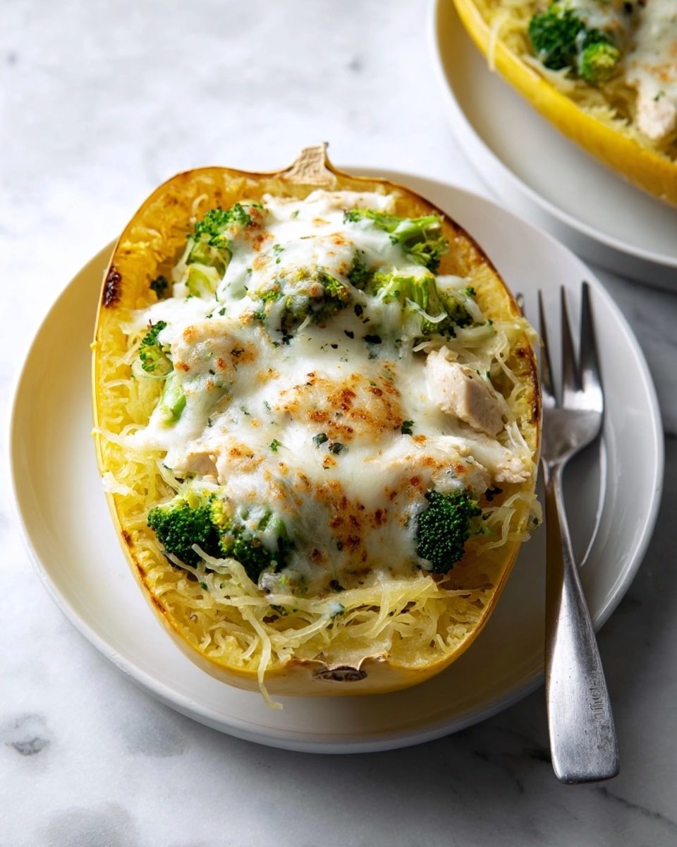 A halved yellow spaghetti squash with its flesh scraped into thin noodle-like strands forms the base layer in a white plate on a white marbled surface. On top of this, there are small pieces of white cooked chicken scattered evenly, followed by bright green broccoli florets nestled among the spaghetti squash strands. The dish is covered with a thick layer of melted mozzarella cheese, slightly browned and bubbly, adding texture and richness to the top. A metal spoon rests inside the squash, ready to scoop the layers. Photo taken with an iphone --ar 4:5 --v 7