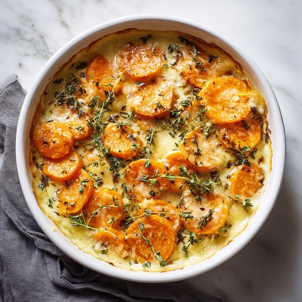 The image shows a white oval baking dish on a white marbled surface filled with a layered sweet potato casserole. It has a base layer made up of soft, creamy mashed sweet potatoes with a slightly grainy texture, topped with evenly sliced, bright orange sweet potato rounds that are baked until tender with some edges slightly browned. The top is scattered with small green herb leaves adding fresh color and texture. A silver slotted spatula, held by a woman's hand, lifts a portion of the casserole showing the layers clearly: smooth mashed potatoes at the bottom, then sweet potato slices on top with some creamy sauce clinging. The background includes a soft gray cloth that adds a subtle contrast. Photo taken with an iphone --ar 4:5 --v 7