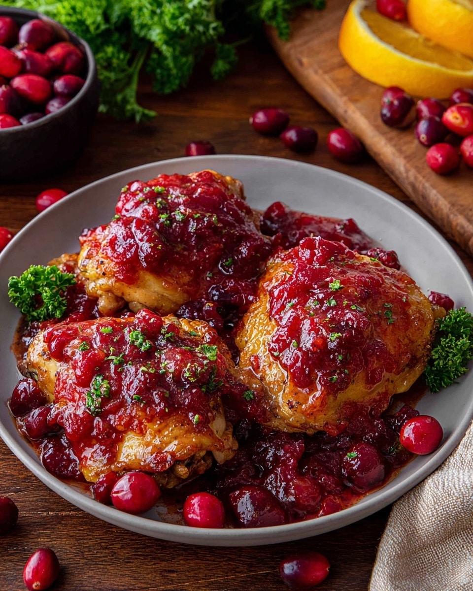 A close-up of a dish with two pieces of golden-brown cooked chicken thighs covered with a thick, chunky red cranberry sauce containing whole cranberries, all served on a round white plate. The chicken has a crispy skin and is sprinkled with small green herb bits. Around the plate are bright red cranberries scattered on a wooden table with fresh green parsley and orange wedges on a wooden board. Part of a beige cloth napkin is visible on the lower right side. photo taken with an iphone --ar 4:5 --v 7