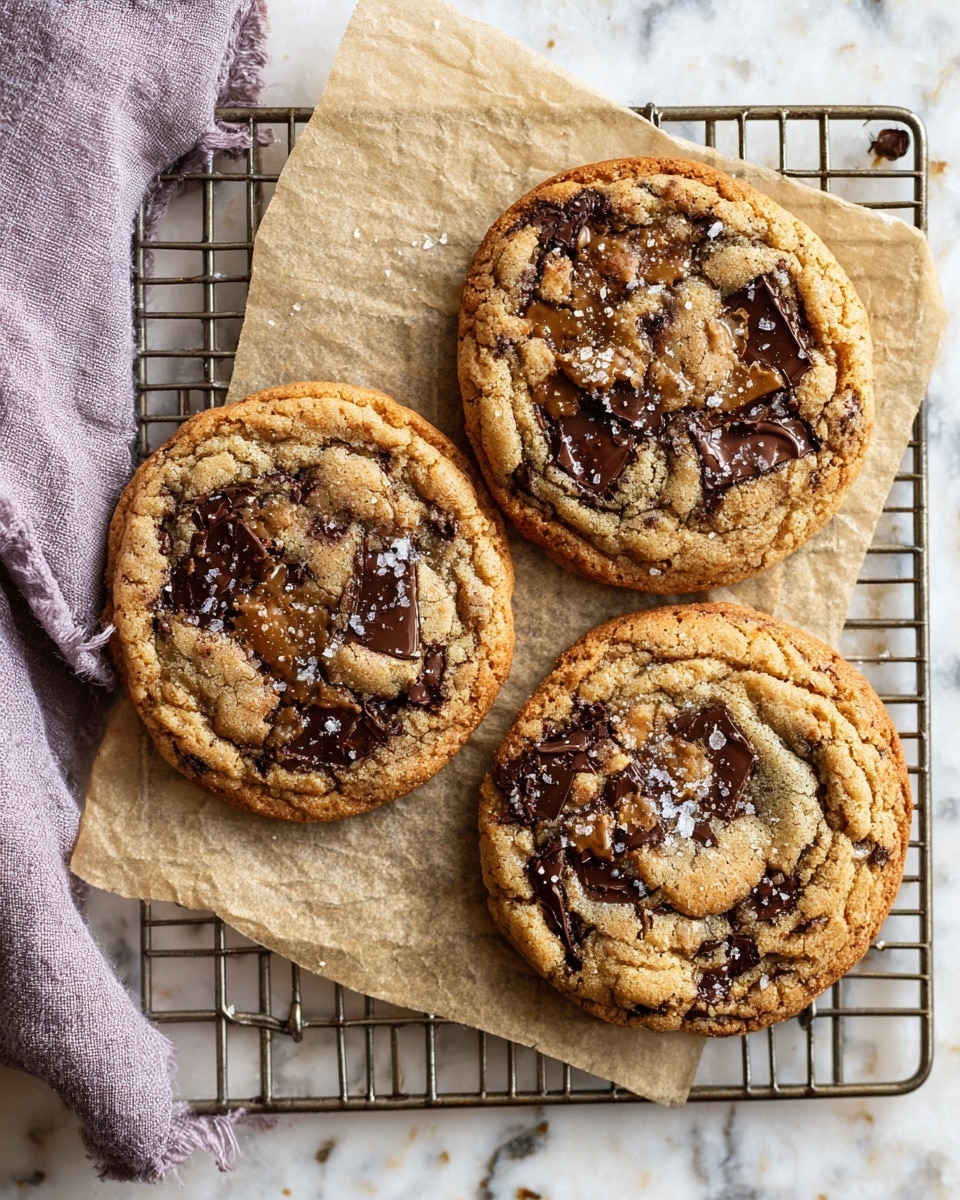 Three large, round cookies with a golden-brown color sit on a metal cooling rack lined with beige parchment paper; each cookie has a slightly cracked surface showing dark melted chocolate chunks and caramelized patches sprinkled with coarse salt crystals. The cooling rack rests on a white marbled texture. A light purple cloth is partially visible in the top left corner of the image. Photo taken with an iphone --ar 4:5 --v 7