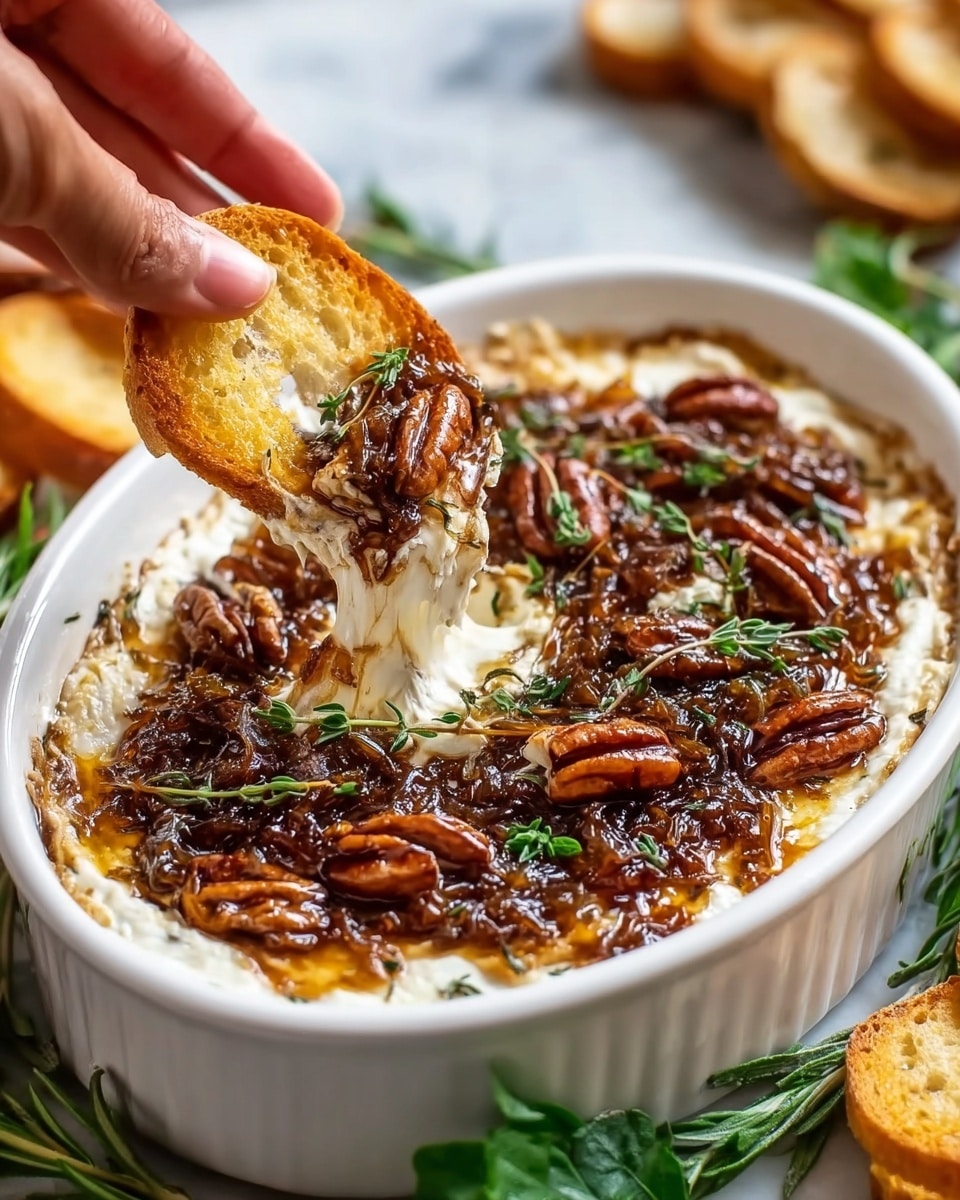 The image shows small white toasted bread slices topped with a thick layer of creamy white cheese, followed by a glossy mix of caramelized pecans and herbs in a sticky glaze. The toasts sit on a white marbled surface, some close together, with bits of green herbs visible on top of the nut mixture and scattered around. In the background, a white plate holds more of the creamy cheese spread drizzled with the nut glaze and garnished with fresh herbs, adding texture and color contrast. photo taken with an iphone --ar 4:5 --v 7