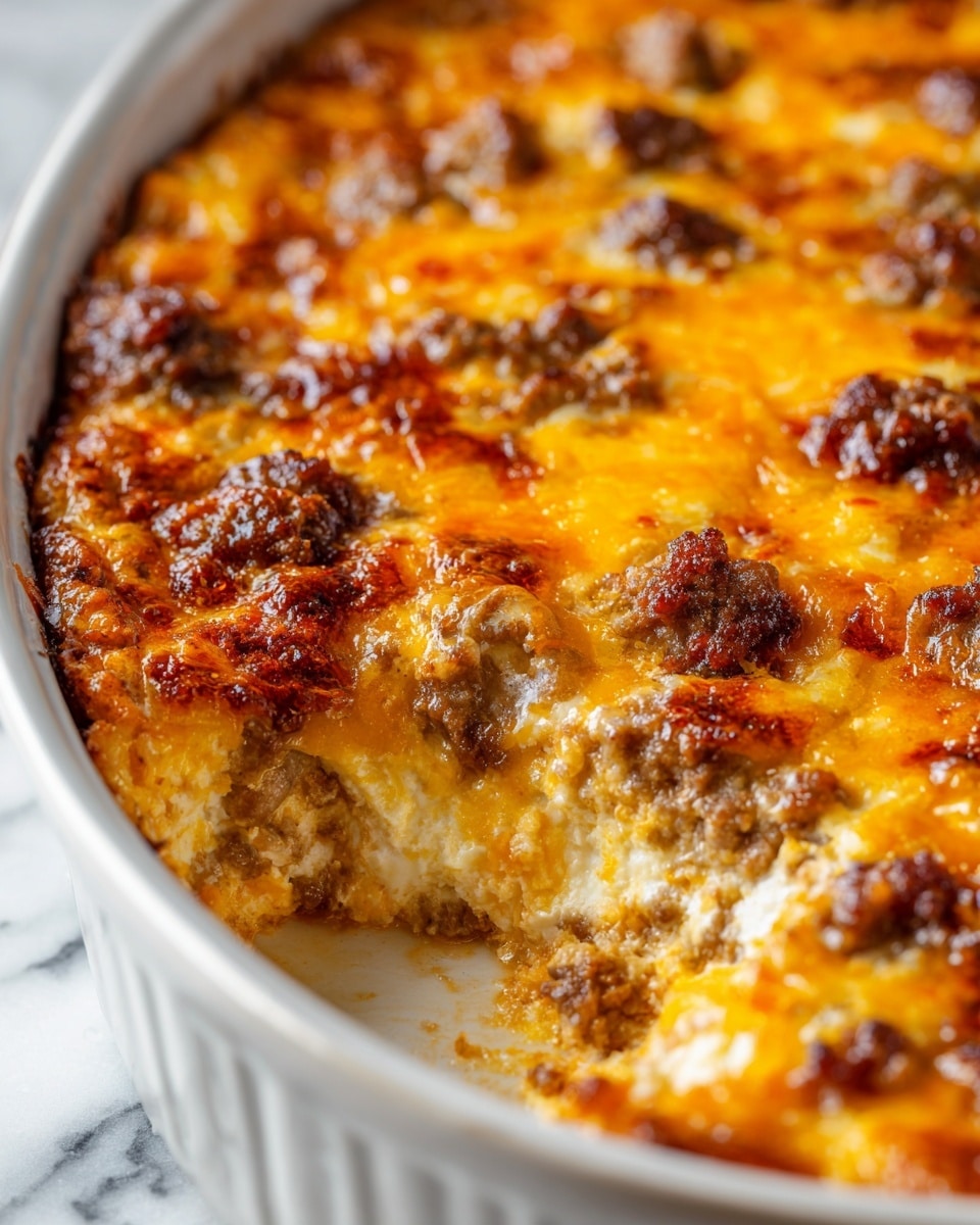 A close-up view of a baked dish in a white ceramic round baking dish, showing at least three layers: a top layer of golden, melted and slightly browned cheddar cheese with crispy browned ground sausage pieces scattered on it, a middle creamy layer visible underneath that looks smooth and slightly bubbly with a light tan color, and a bottom layer that appears to be a mix of creamy and crumbly texture in a white hue. The cheese has a glossy finish and the sausage pieces have a coarse, browned texture. The background is a white marbled surface. Photo taken with an iphone --ar 4:5 --v 7