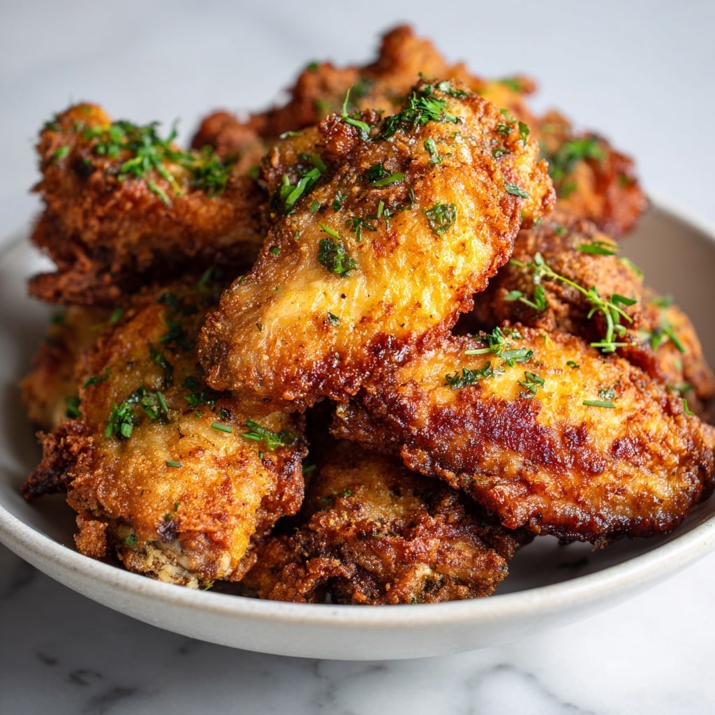 A close-up of a round white bowl filled with fried chicken wings that are golden brown with a crispy coating. The wings are stacked unevenly, showing a rough, crunchy texture with small green herbs sprinkled on top. The bowl sits on a white marbled surface, and the background is softly blurred to keep the focus on the food. The lighting highlights the crunchy texture and warm colors of the chicken. photo taken with an iphone --ar 4:5 --v 7