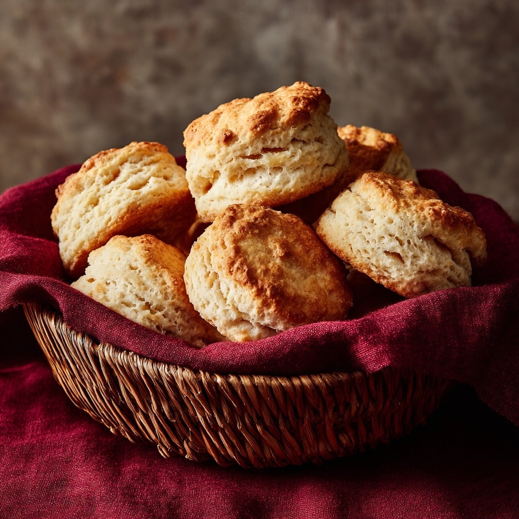 A woven basket lined with a deep red cloth holds multiple golden-brown biscuits with a rough, crumbly texture and uneven tops. The biscuits are piled casually, showing their soft, light cream-colored sides and fluffy, layered insides. The wicker basket has a natural tan color that contrasts with the cloth and the biscuits, creating a warm, cozy feeling. Photo taken with an iphone --ar 4:5 --v 7