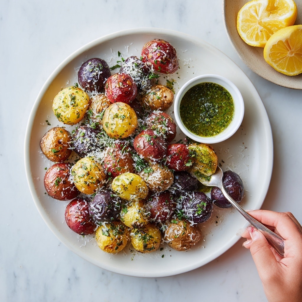 A round white plate filled with many small roasted potatoes in mixed colors including golden yellow, red, purple, and light brown, with a slightly crispy and browned texture. The potatoes are cut in half and scattered evenly, topped with small dollops of green pesto sauce and sprinkled lightly with white grated cheese. In the center of the plate is a small round white bowl filled with thick green pesto, with a silver spoon resting inside it. The background shows a white marbled surface. photo taken with an iphone --ar 4:5 --v 7