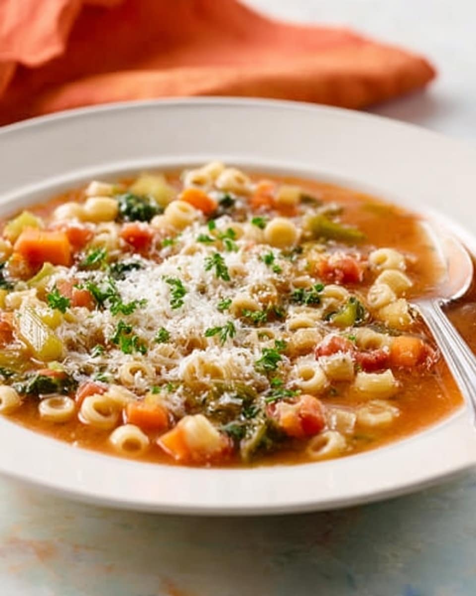 The image shows a white bowl filled with a hearty soup on a white marbled surface with an orange cloth in the upper background. The soup has three main layers: a clear brown broth at the base, a middle layer of small pasta rings, chunks of cooked chicken, orange carrot pieces, and green leafy vegetables, and a top layer sprinkled with grated white cheese and chopped green herbs. A silver spoon rests in the soup on the right side of the bowl, partially submerged. The colors are warm and inviting, with the orange and green ingredients standing out against the light broth and pasta. Photo taken with an iphone --ar 4:5 --v 7