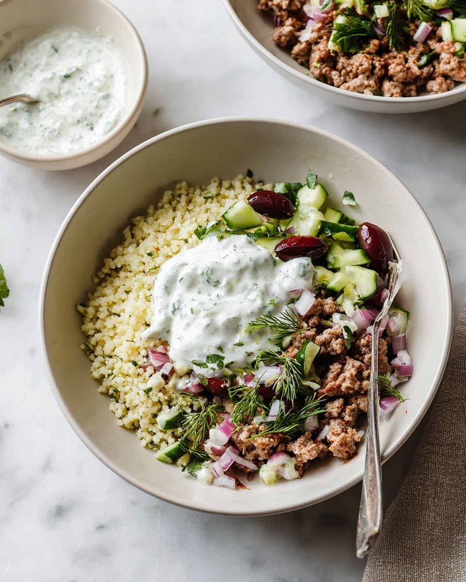 A white bowl holds a dish with three main sections: one side has small, pale yellow grains, the middle is topped with a mix of diced green cucumbers, red onions, and dark red olives with fresh green herbs, and the other side contains light brown cooked ground meat. On top of the middle section is a dollop of creamy white sauce speckled with green herbs. A silver fork rests inside the bowl on the meat side. In the background, there is another similar bowl and a small white bowl with extra sauce, all placed on a white marbled surface. photo taken with an iphone --ar 4:5 --v 7