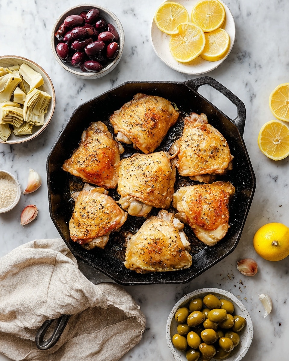 The image shows a white plate filled with four pieces of golden brown roasted chicken thighs, each topped with a thin lemon slice and sprinkled with finely chopped green herbs. Around the chicken pieces are layers of pale yellow artichoke hearts with soft, textured leaves, and dark purple olives scattered throughout the dish. The whole plate is drizzled with a shiny, oily sauce that has visible herbs and spices floating in it, creating a glistening effect on the chicken and vegetables. The plate rests on a white marbled surface, and the lighting highlights the juicy, crispy texture of the chicken skin and the freshness of the garnishes. photo taken with an iphone --ar 4:5 --v 7