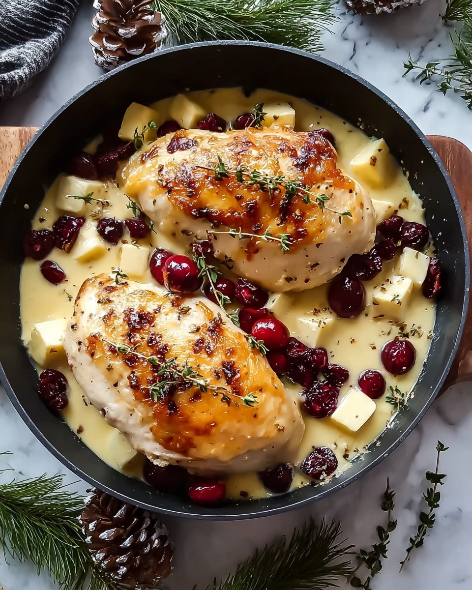 A close-up of a golden-brown roasted chicken breast cut open to show three main layers inside, starting with creamy melted cheese at the bottom, followed by bright green cooked spinach, and topped with dark red dried cranberries; the chicken breast looks juicy and crispy on the outside, garnished with a fresh green rosemary sprig on top, surrounded by several fresh whole red cranberries on a white plate, all placed on a white marbled textured surface with a blurred background featuring warm candlelight glow, photo taken with an iphone --ar 4:5 --v 7