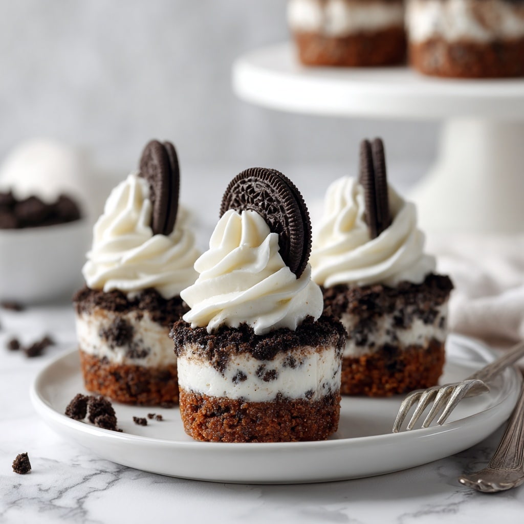 The image shows a small square dessert slice placed on a clean white plate with a silver fork nearby. The dessert has three layers: the bottom layer is dark and crumbly like crushed cookies, the middle layer is white cream with small dark cookie bits mixed inside, and the top layer is smooth white whipped cream in a swirl shape. On top of the cream sits a whole dark cookie, standing upright. The background is a white marbled surface with a blurred white cake stand holding more desserts behind. Photo taken with an iphone --ar 4:5 --v 7