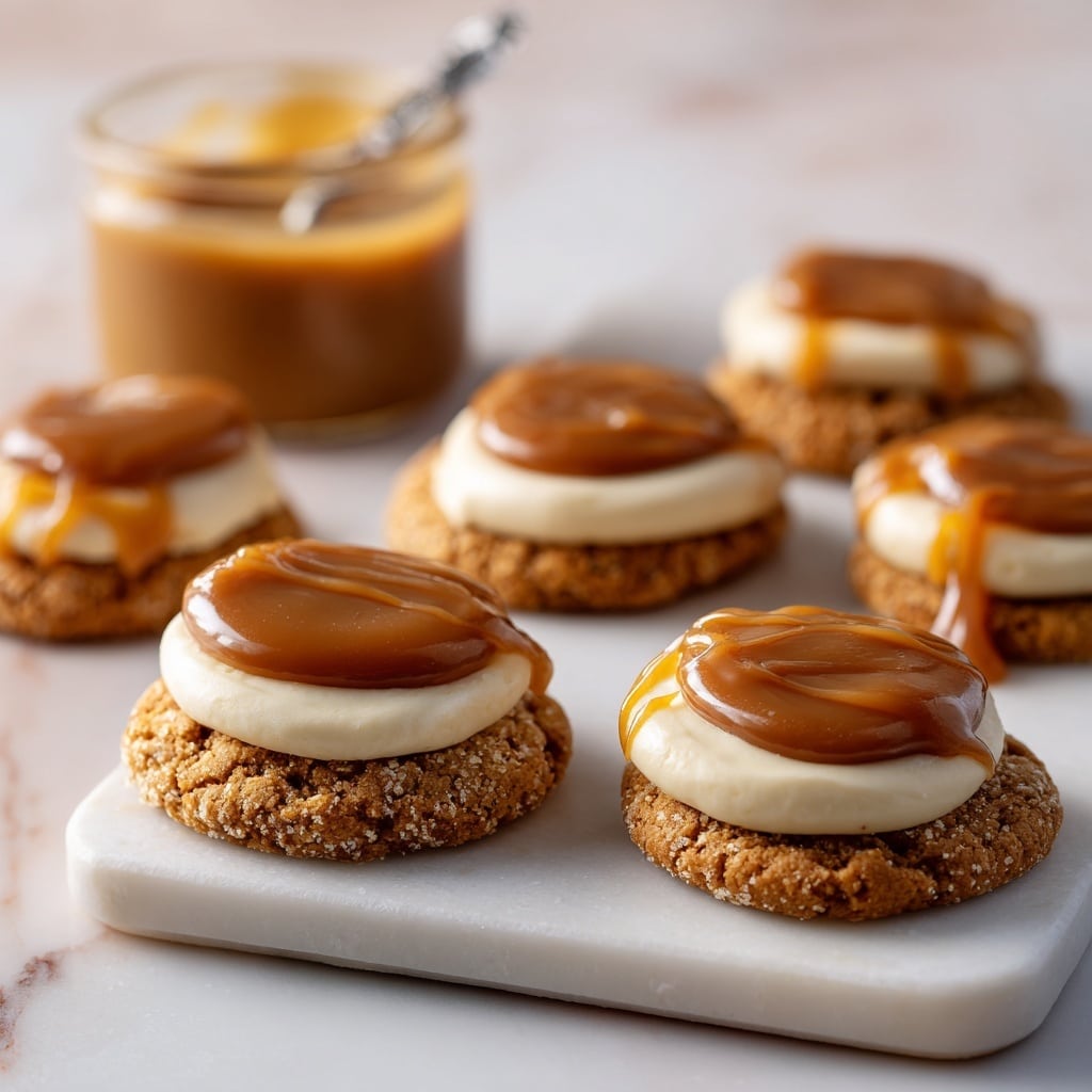 The image shows three cookies on a white square plate sitting on a white marbled surface. Each cookie has two distinct layers on top: a thick, light cream layer directly on the cookie, which is a golden brown with a rough texture, and a smooth, shiny caramel brown layer spread evenly on the cream. In the blurred background, a small glass jar filled partially with caramel sauce and a silver spoon inside is visible. The colors are warm and soft, emphasizing the creamy and sticky textures. photo taken with an iphone --ar 4:5 --v 7