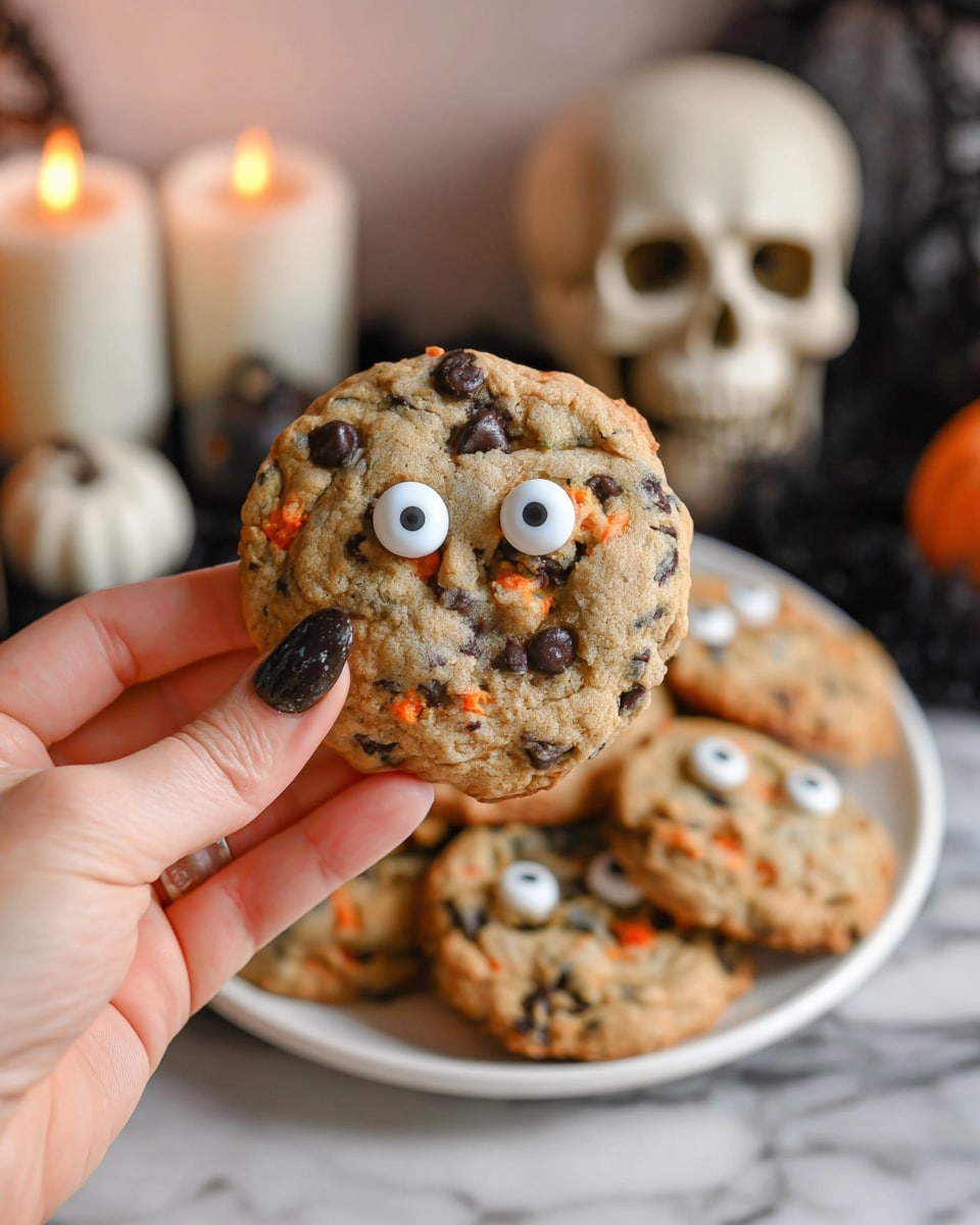 A close-up image shows a woman's hand holding a round cookie decorated with two white candy eyes on the upper middle part, dark brown chocolate chips scattered throughout, and small orange pieces mixed in the light brown dough. Behind the cookie, there is a white plate filled with similar cookies, some also decorated with candy eyes, placed on a white marbled surface. The background includes blurred Halloween-themed items such as flickering cream-colored candles and a white skull, adding a spooky atmosphere. Photo taken with an iphone --ar 4:5 --v 7