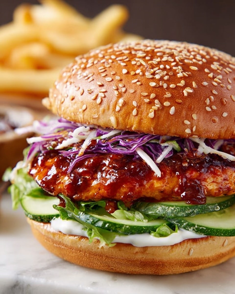 The image shows a close-up of a tall burger on a white sesame seed bun, placed on a white marbled surface. The bottom bun layer holds fresh green lettuce and slices of cucumber with a layer of creamy white sauce. On top of that, there is a thick, grilled chicken patty coated in a shiny, reddish-brown barbecue sauce. Above the patty, there is a small layer of thin purple cabbage strips adding a crunchy texture. The top bun is golden brown with sesame seeds evenly spread across. In the background, a small pile of golden French fries is slightly blurred. Photo taken with an iphone --ar 4:5 --v 7