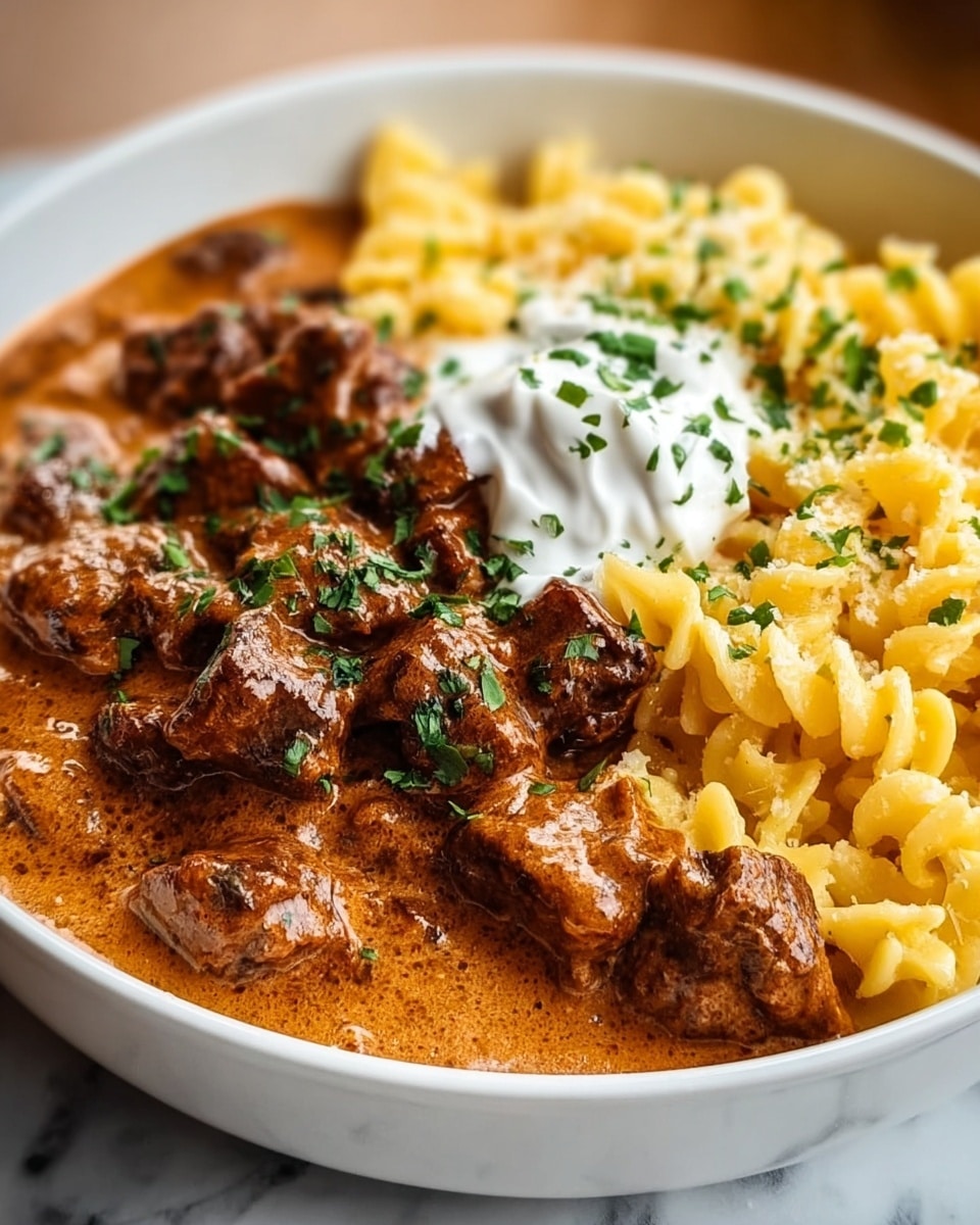 A close-up view of a white pot with a red handle, filled with rich, thick, dark brown beef stew. The stew is chunky with tender pieces of beef coated in a glossy sauce, sprinkled lightly with small green herb bits on top. A silver spoon lifts a portion of the stew, showing the chunky texture and thick sauce clearly. The pot sits on a white marbled surface with a partially visible red and white patterned cloth underneath. photo taken with an iphone --ar 4:5 --v 7