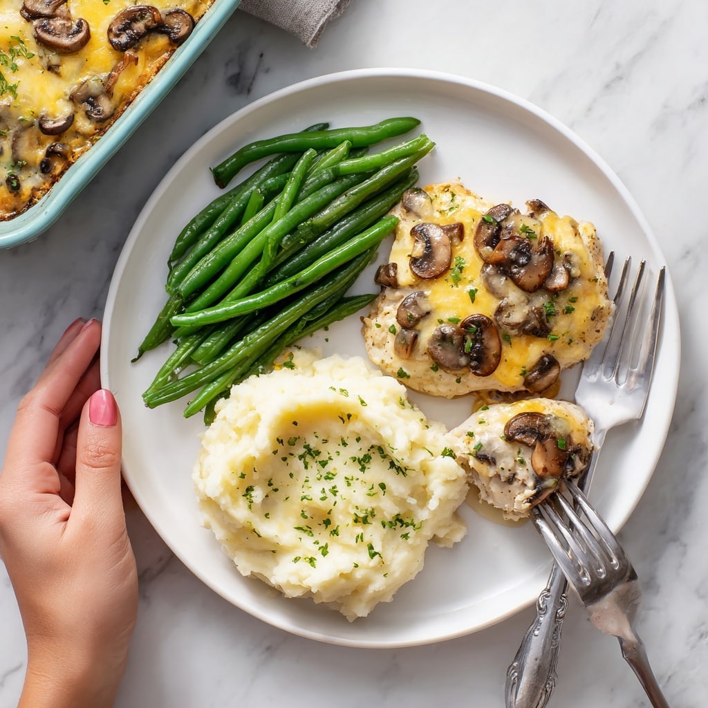 A creamy dish in a beige baking dish sits on a white marbled surface, with six visible layers of melted cheese covering large pieces of chicken or pasta beneath. The top layer is golden brown and bubbly, speckled with slices of cooked mushrooms and small sprinkles of chopped green herbs. The sauce is thick and creamy white, slightly browned in spots where it meets the cheese. The edges of the dish reveal the rich sauce pooling gently around the food, creating a warm and inviting look. photo taken with an iphone --ar 4:5 --v 7