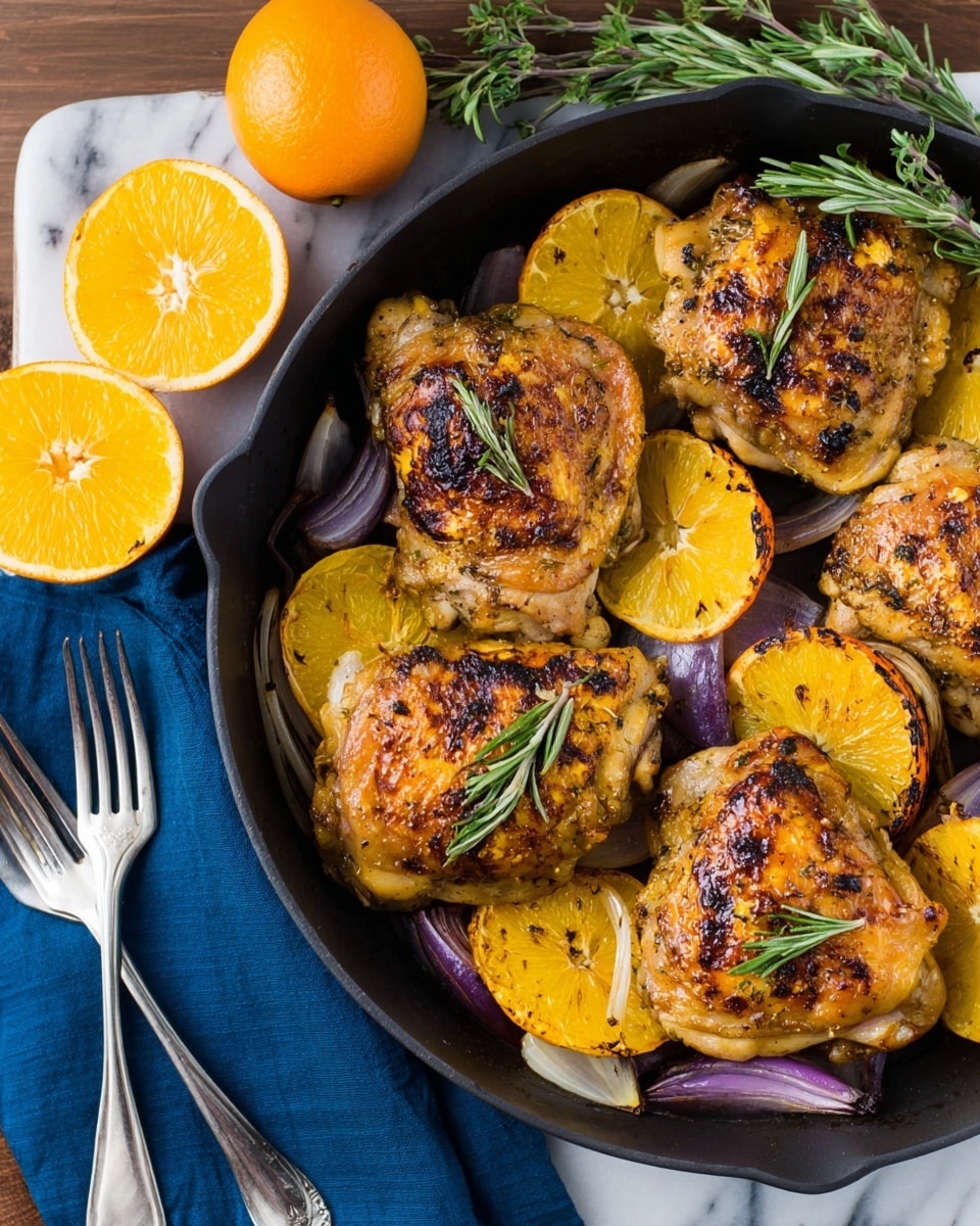 The image shows five glazed chicken thighs in a white rectangular dish, each piece golden brown with a shiny, sticky sauce. The chicken skin has a slightly crispy texture with visible herbs and black pepper sprinkled on top. Bright orange fruit slices are placed between the chicken pieces, adding a fresh pop of color. The dish is placed on a white marbled surface, and a woman’s hand is reaching in from the left side holding one of the orange slices. photo taken with an iphone --ar 4:5 --v 7
