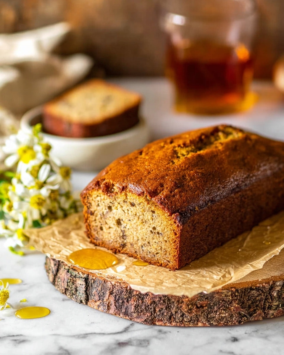 A loaf of banana bread with a golden brown crust and a moist, light brown inside with small dark specks sits on a piece of parchment paper on top of a round wooden slab with natural bark edges. There are drops of honey or syrup on the parchment paper around the bread. Behind the bread, there is a small bunch of white and yellow flowers. In the blurry background, a white bowl contains two sliced banana bread pieces, and a glass of amber-colored drink is also visible. The scene is set on a white marbled texture. Photo taken with an iphone --ar 4:5 --v 7