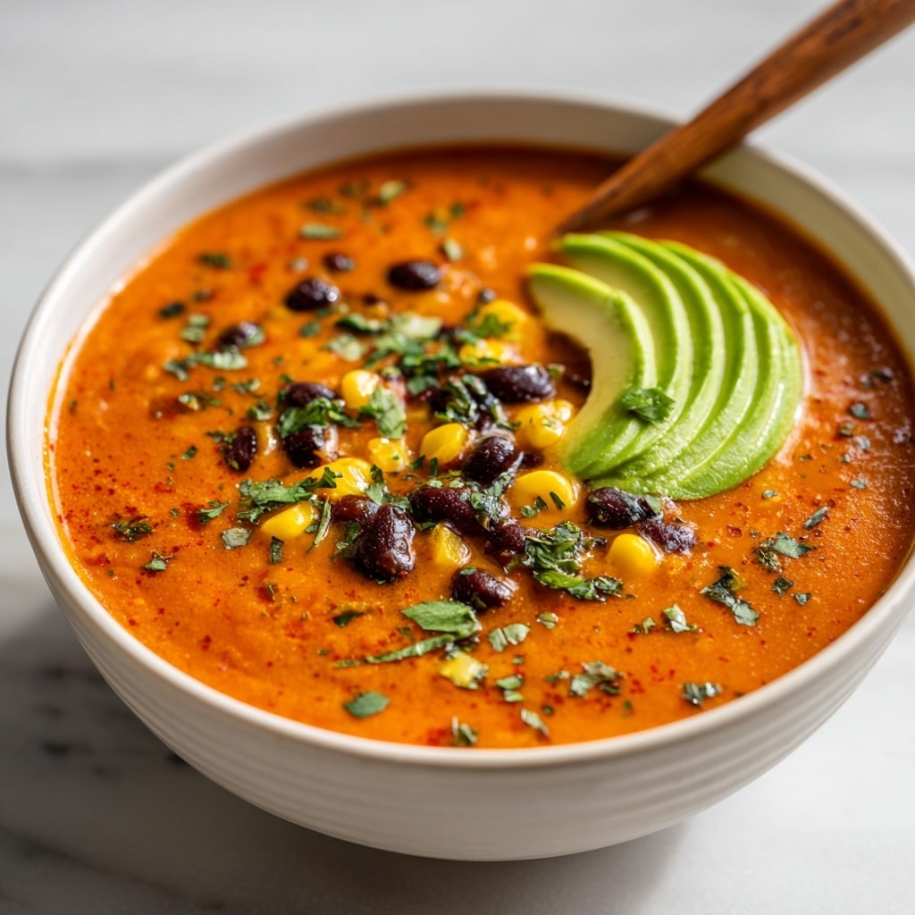 A white bowl filled with a chunky, orange-red soup that has visible pieces of diced chicken, black beans, corn kernels, green bell peppers, and red tomato chunks. On the right side, there are three slices of light green avocado neatly arranged. A fresh bunch of green cilantro leaves sits on top near the center. A silver spoon rests inside the bowl to the right. Around the bowl on a white marbled surface, there are three lime wedges and a few tortilla chips partially visible near the top. photo taken with an iphone --ar 4:5 --v 7