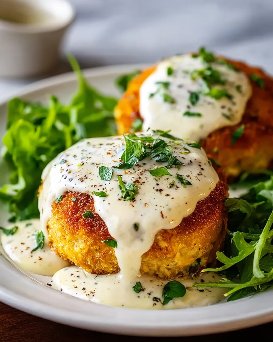 The image shows two golden brown crab cakes placed on a white plate, each crab cake topped with a smooth, creamy white sauce that drips down the sides and is sprinkled with chopped green herbs and black pepper. Around the crab cakes, there are fresh, vibrant green leafy herbs for garnish. The crab cakes appear crispy on the outside with a rich texture. The photo is taken on a white marbled surface with a blurred background. photo taken with an iphone --ar 4:5 --v 7