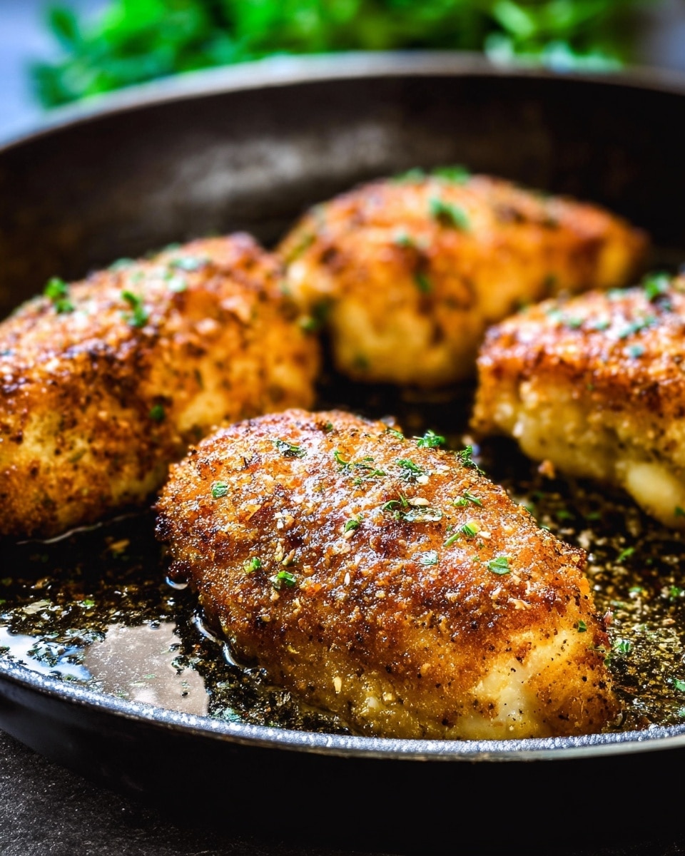 The image shows four golden-brown pieces of cooked chicken in a black pan, each piece coated with a crispy, textured crust sprinkled with small green herb bits. The chicken pieces have a slightly rough surface with specks of black pepper and salt visible, sitting in a shallow pool of shiny cooking oil that reflects light. The background is blurred out with a soft green plant color. The focus is on the chicken, showing the detailed crispiness and moist texture beneath. Photo taken with an iphone --ar 4:5 --v 7