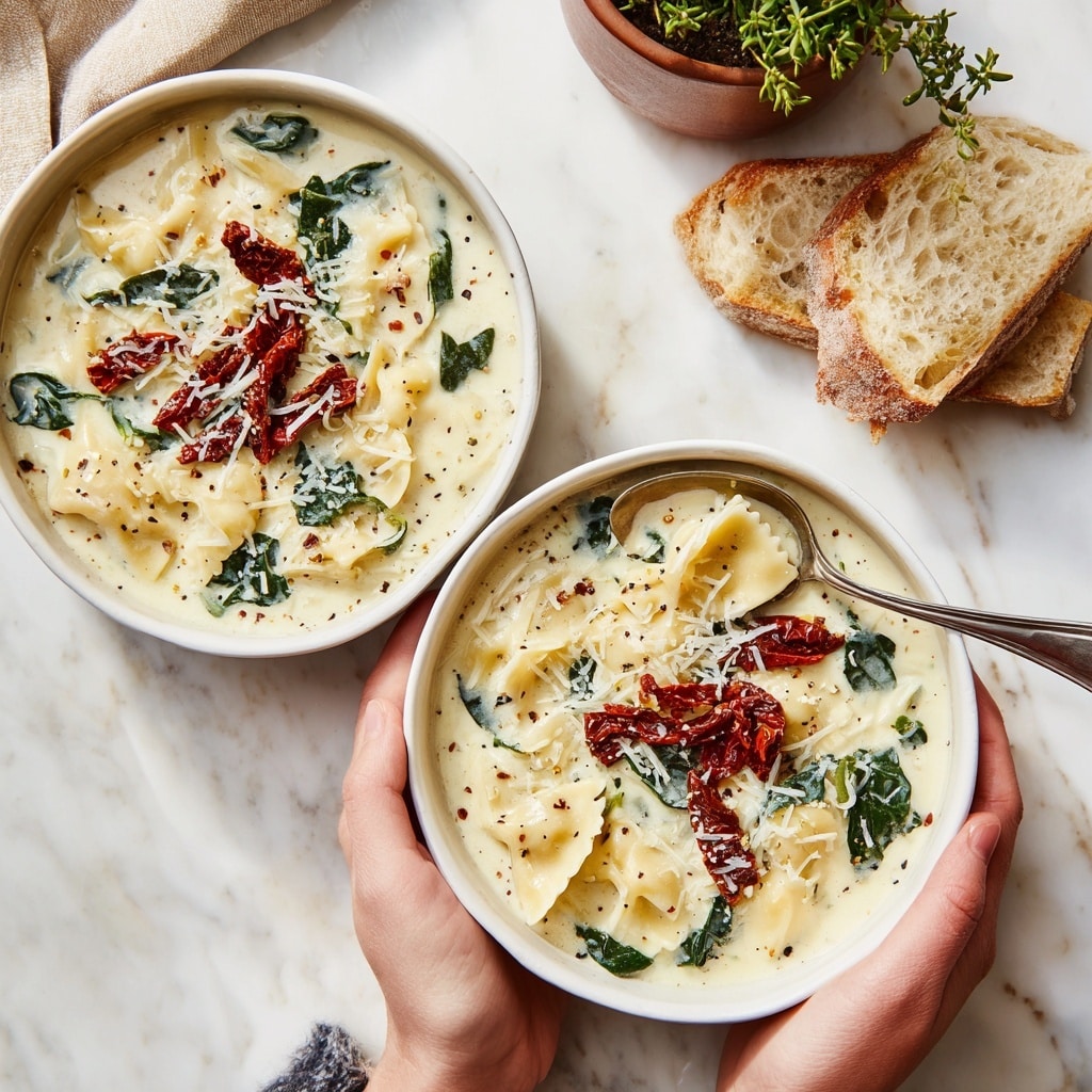 A white bowl filled with creamy white soup containing roughly three visible layers: the top layer has torn sun-dried tomatoes in reddish-brown hues scattered, wilted dark green spinach leaves, and thick off-white pasta pieces with wavy edges. The creamy soup base is speckled with black pepper, giving a textured appearance. Shaved pale yellow cheese adds thin, uneven flakes on top, blending with the creamy broth. A woman's hand holds the bowl from the bottom left, and another woman's hand is scooping soup with a silver spoon from the right side. The setting is on a white marbled texture with a small plant in a brown pot and pieces of torn bread in the background. photo taken with an iphone --ar 4:5 --v 7