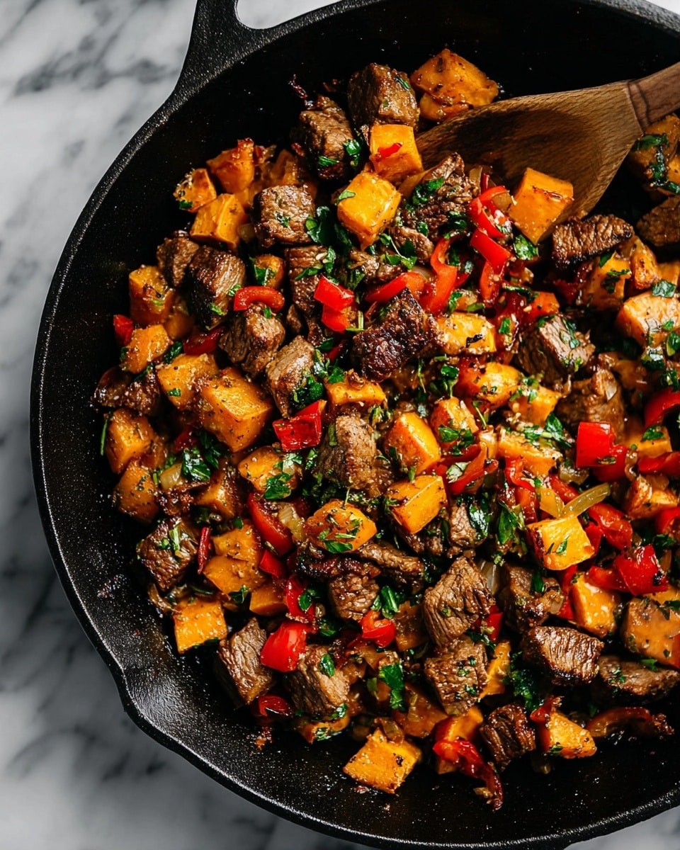 A black cast iron skillet filled with a colorful mix of diced cooked beef, orange sweet potato cubes, red and yellow bell pepper pieces, and green herbs scattered on top, creating a vibrant, textured look. The beef pieces are brown and seared, the sweet potatoes are orange with a slightly crispy surface, and the bell peppers add bright red and yellow chunks. A wooden spoon rests on the right side of the skillet, partially inserted into the food. The skillet is placed on a white marbled surface. photo taken with an iphone --ar 4:5 --v 7
