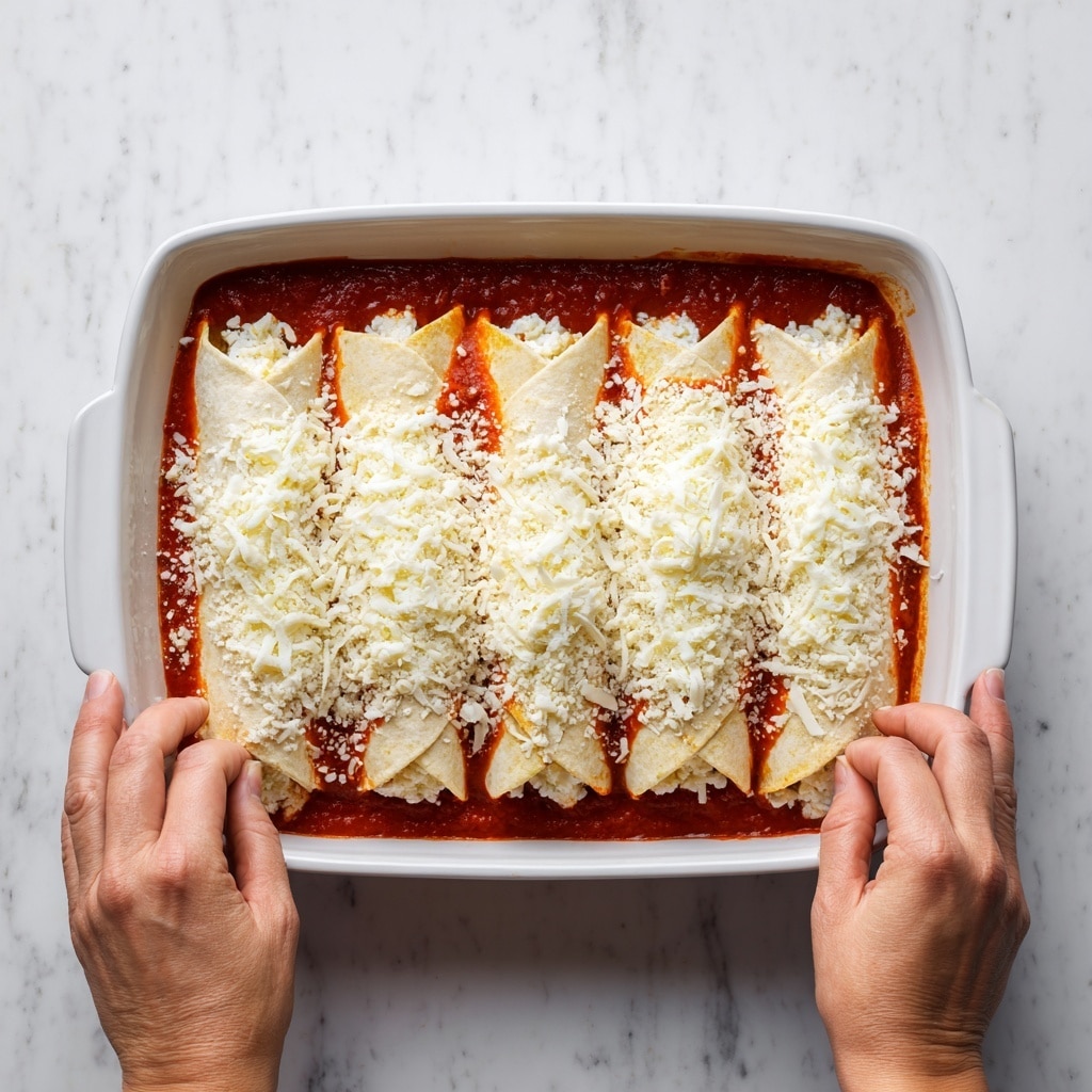 The image shows two rolled enchiladas on a white plate, each filled with seasoned chicken visible at the open ends. The enchiladas are covered with a thick layer of melted, browned cheese that has a golden and slightly crispy texture, sprinkled with finely chopped green herbs. Behind the enchiladas, there is a scoop of yellow corn and a small portion of fresh salad with red and green vegetables. The plate sits on a white marbled surface. photo taken with an iphone --ar 4:5 --v 7