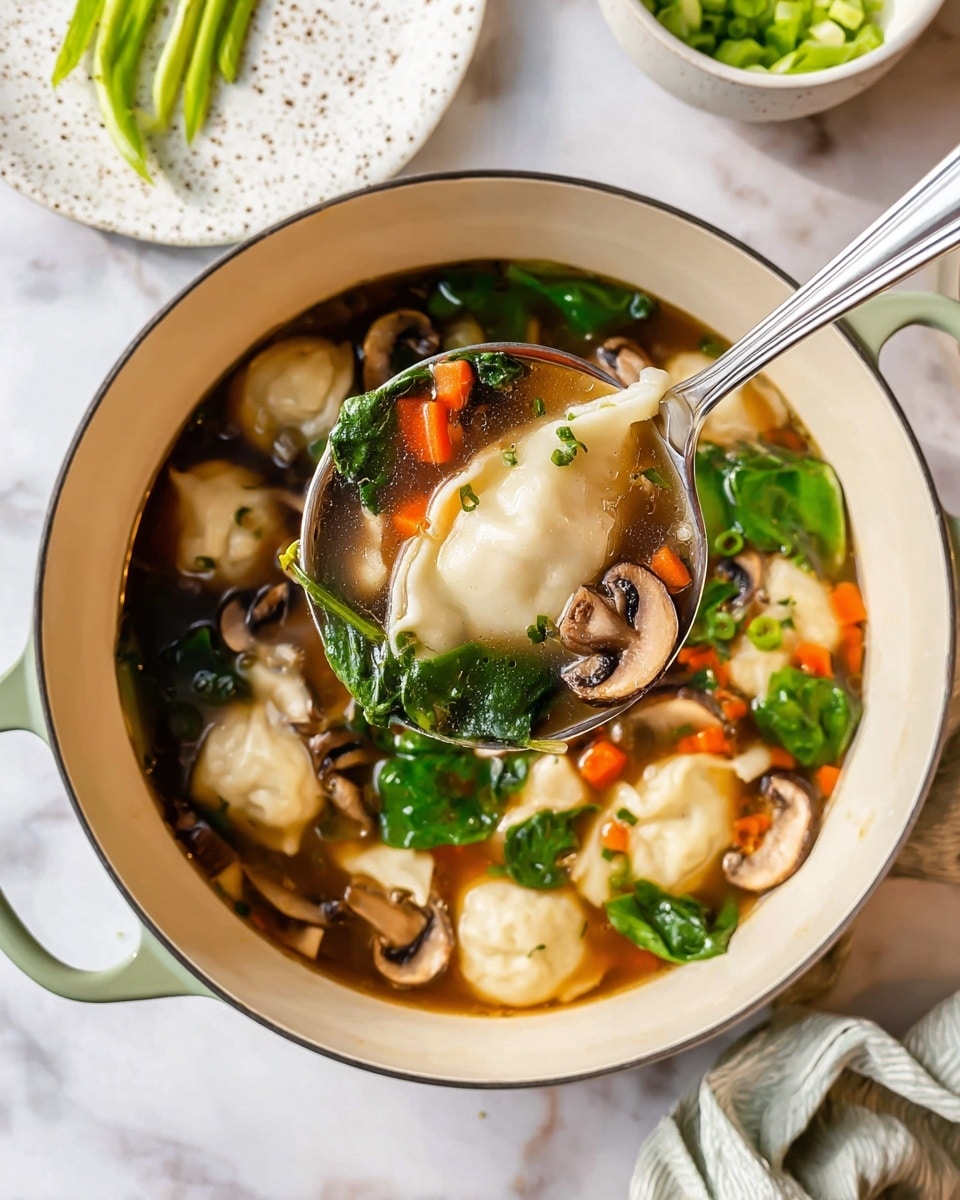 A white pot filled with a clear brown broth soup containing three main layers: soft, white dumplings with a smooth texture floating on top, a mix of whole and sliced light brown mushrooms scattered throughout, and bright green spinach leaves adding color and freshness. Small orange carrot pieces and thin light green slices of scallion are interspersed among the dumplings and mushrooms. A shiny silver spoon lifts a scoop of the soup showing a dumpling surrounded by mushrooms, spinach, carrots, and scallions. The pot is set on a white marbled surface with a white speckled plate and a green bowl of scallions in the background. Photo taken with an iphone --ar 4:5 --v 7