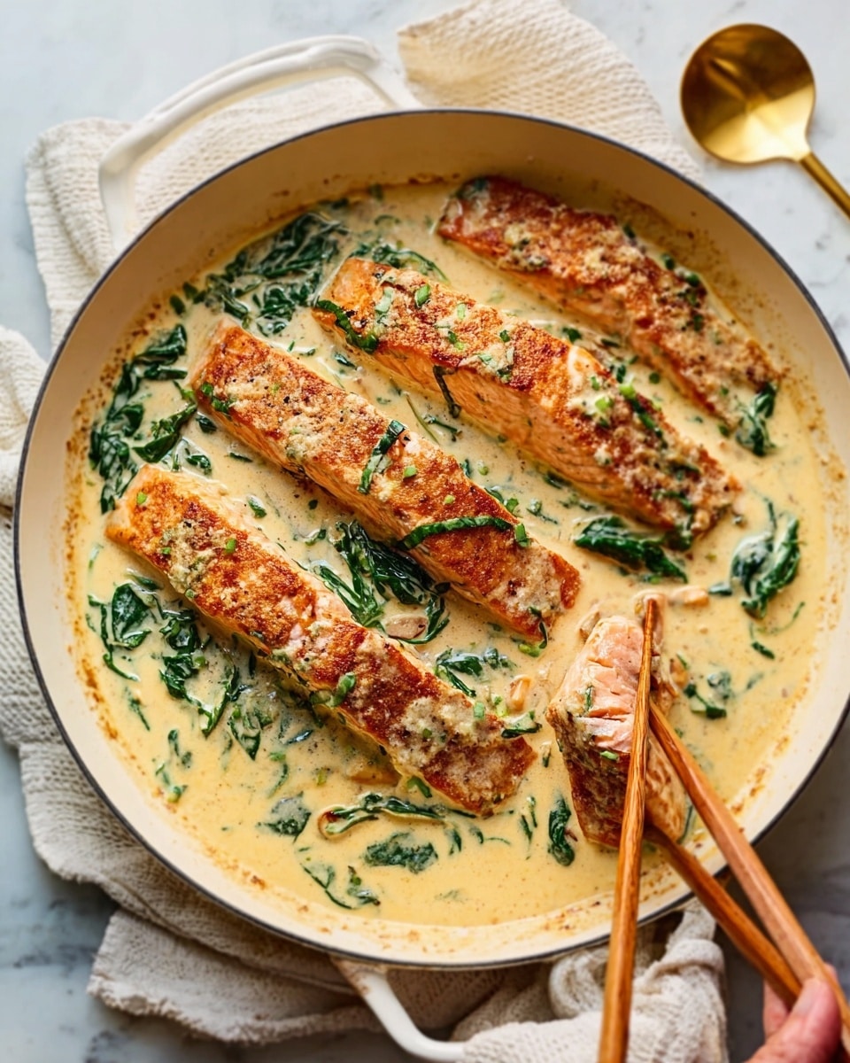 A white bowl filled with creamy pasta featuring flat, wide noodles mixed with pieces of cooked salmon that are orange with a slightly charred texture. Bright green spinach leaves are scattered among the noodles and salmon, adding color. The pasta sauce is creamy and light-colored, coating the ingredients evenly. The bowl sits on a white marbled surface with a white napkin and silver fork and knife placed to the side, and a glass of water and green leafy vegetables can be seen blurred in the background. photo taken with an iphone --ar 4:5 --v 7
