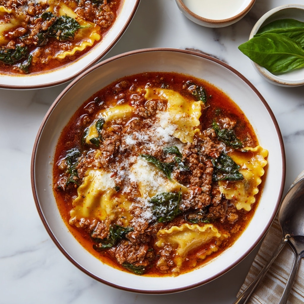 A large white bowl filled with a thick, rich red tomato sauce containing chunks of ground meat and square pieces of curly-edged lasagna pasta floating on top, placed on a woven natural fiber mat over a white marbled surface. Below it, a smaller white bowl holds the same pasta and meat sauce, topped with a dollop of creamy white cheese and sprinkled with green herbs and grated cheese. A gold spoon lies on a light gray cloth next to the smaller bowl, with a few sprigs of fresh herbs nearby. The background is a white marbled texture. Photo taken with an iphone --ar 4:5 --v 7