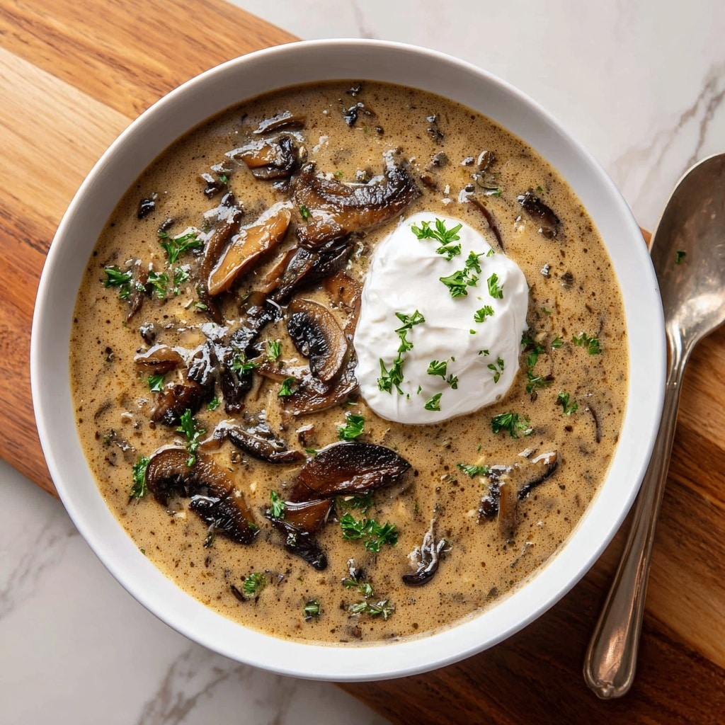 A white bowl filled with creamy mushroom soup, showing a thick, beige broth with visible dark brown, sautéed mushroom slices scattered on top. There is a scoop of light cream or sour cream sitting on one side, adding a smooth, white texture contrast. Small green parsley pieces are sprinkled around, adding a fresh touch. The bowl rests on a wooden surface with a white marbled texture in the background. Photo taken with an iphone --ar 4:5 --v 7