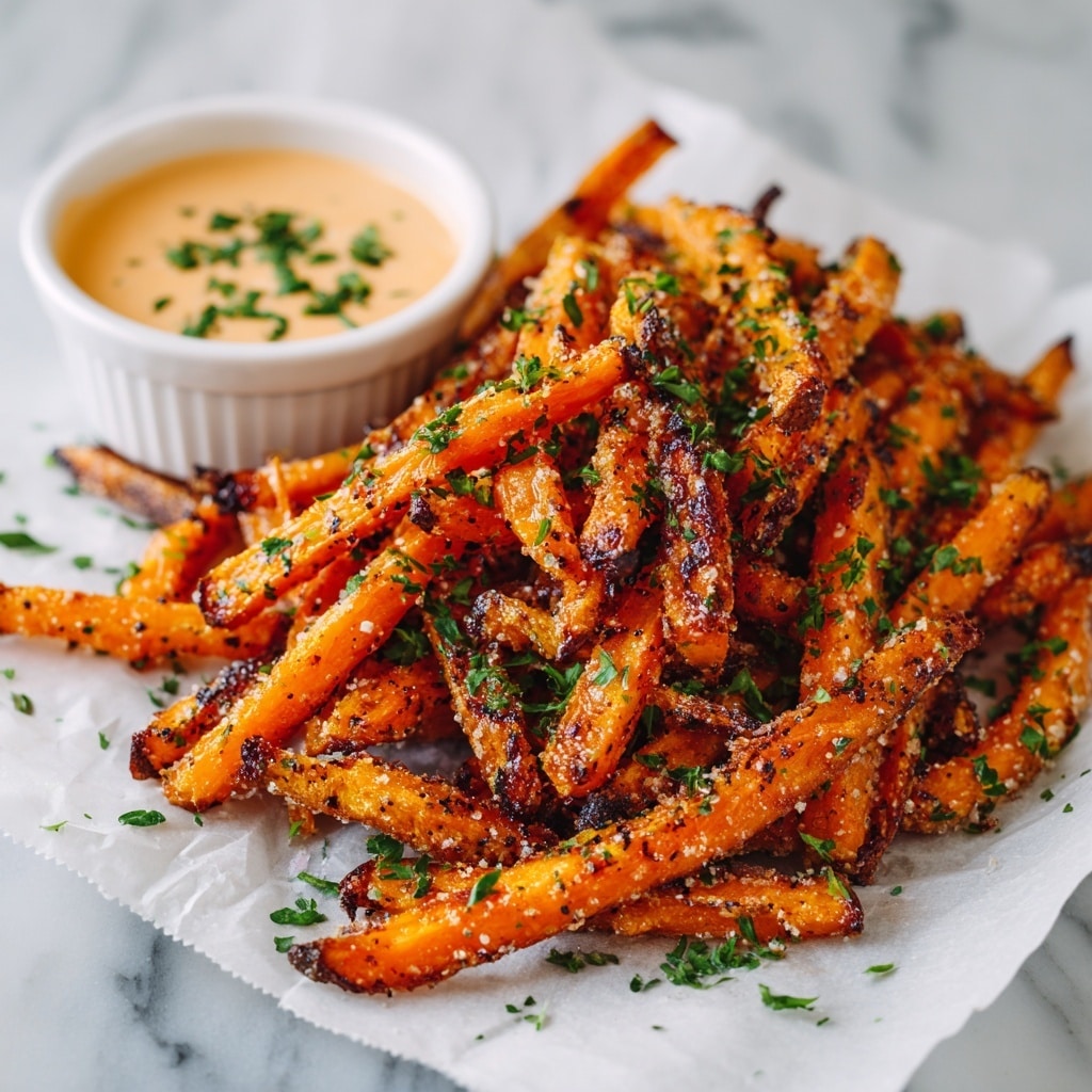 A baking tray lined with light brown parchment paper holds a single layer of crispy, orange sweet potato fries, each fry slightly charred at the edges with a rough texture and some visible seasoning. In the bottom right corner of the tray, there is a small white round bowl filled with dark red ketchup sauce, and two sweet potato fries rest partly inside the bowl. The tray is set on a white marbled surface. photo taken with an iphone --ar 4:5 --v 7